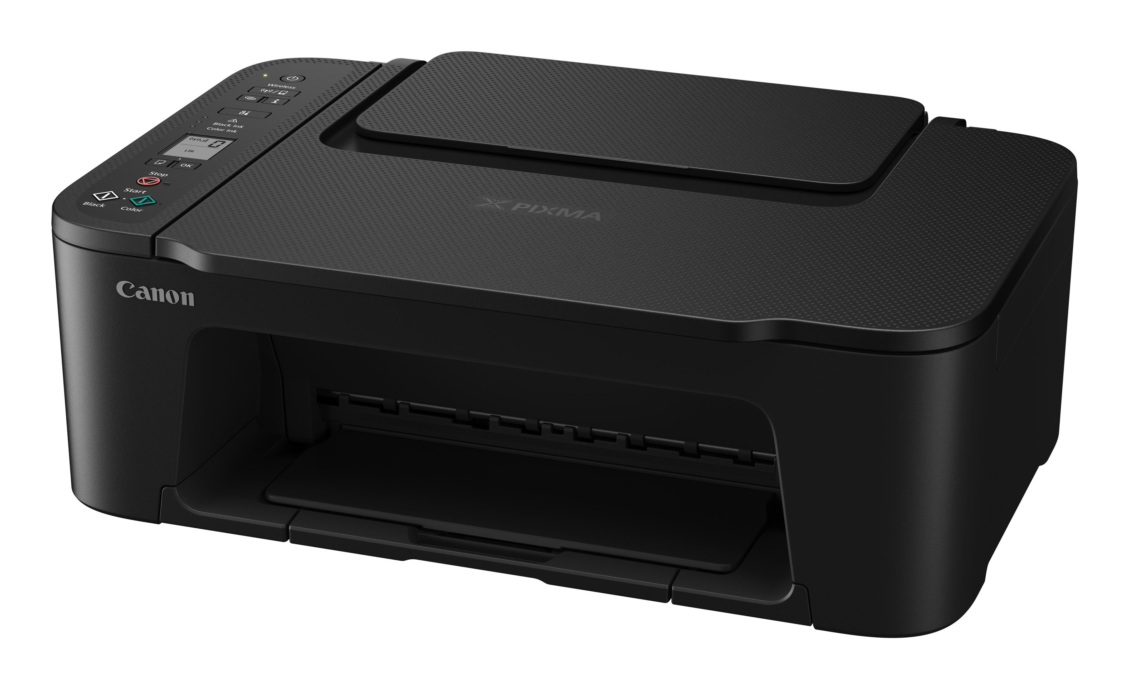 Une imprimante Canon Pixma noire. L'imprimante est sur fond blanc et isolée.