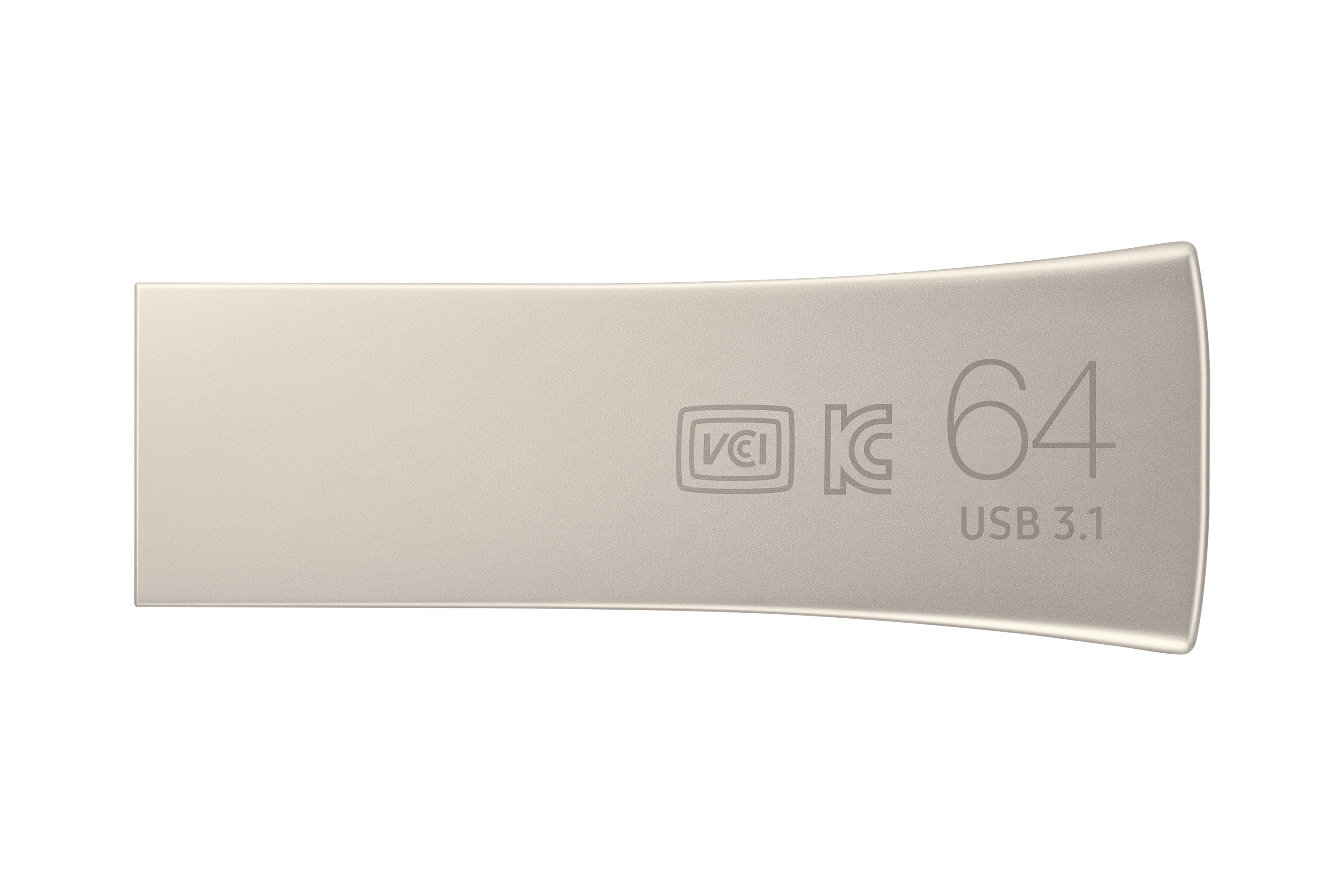 Ein silberner USB-Stick mit der Aufschrift 64 und USB 3.1. Es hat ein flaches Design.