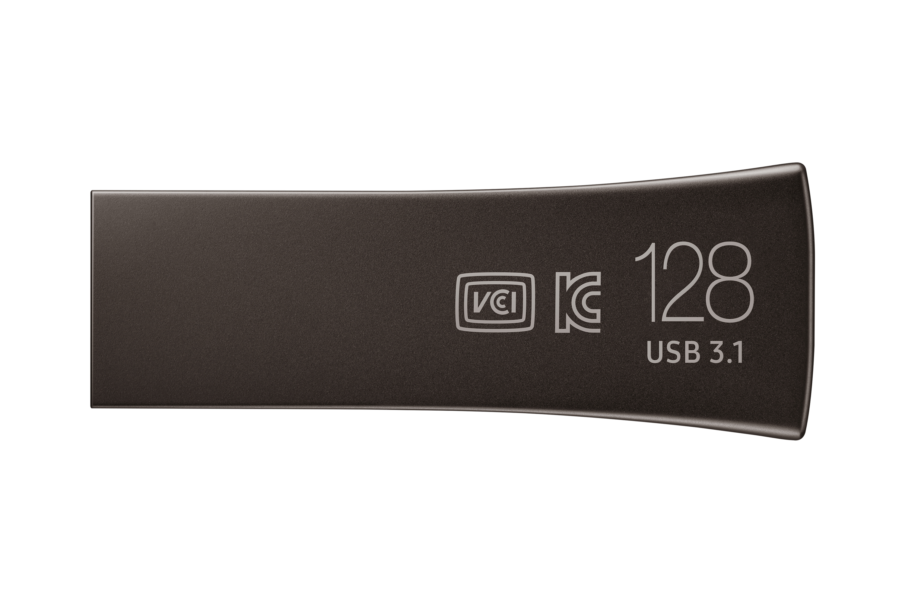 Dunkelgrauer USB-Stick mit 128 GB Kapazität, USB 3.1 und VCI/FCC-Kennzeichnungen auf weißem Hintergrund.