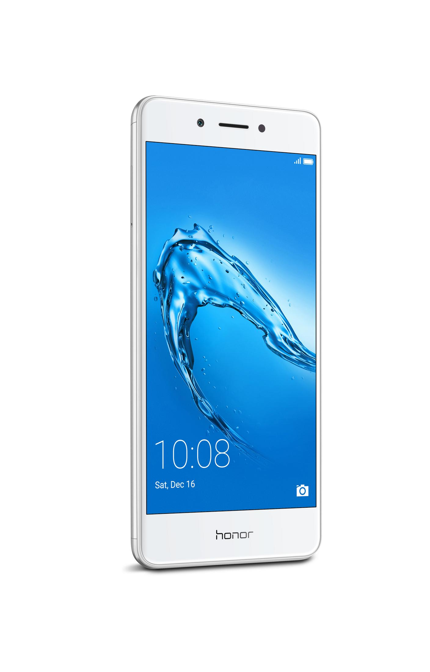 Weißes Honor-Smartphone, das einen blauen Wasserspritzer auf dem Bildschirm anzeigt, mit Uhrzeit und Datum.