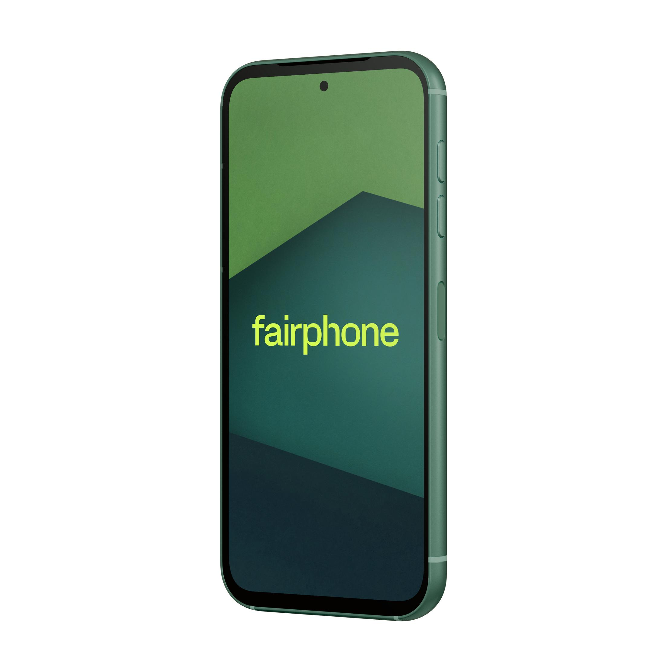 Zielony smartfon Fairphone. Telefon ma zielony tył i zieloną ramkę. Białe tło.