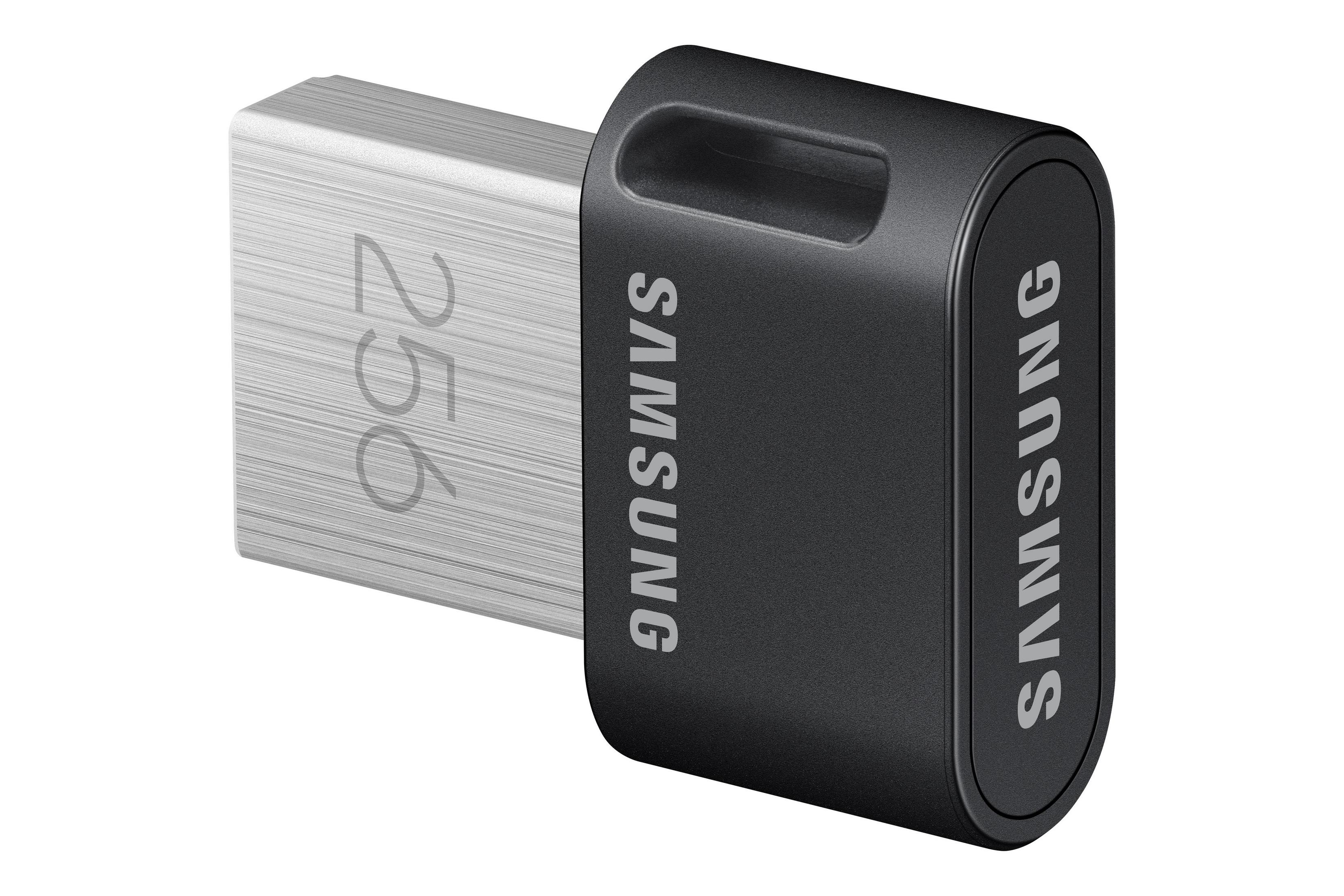Silberner und schwarzer Samsung USB-Stick. Samsung-Logo sichtbar. 256 Markierung.