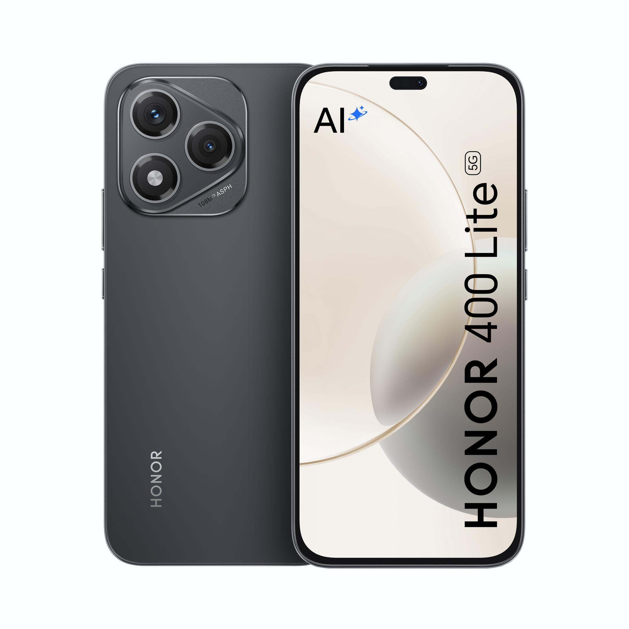 Czarny smartfon Honor 400 Lite 5G, z trzema aparatami i ekranem wyświetlającym nazwę marki.