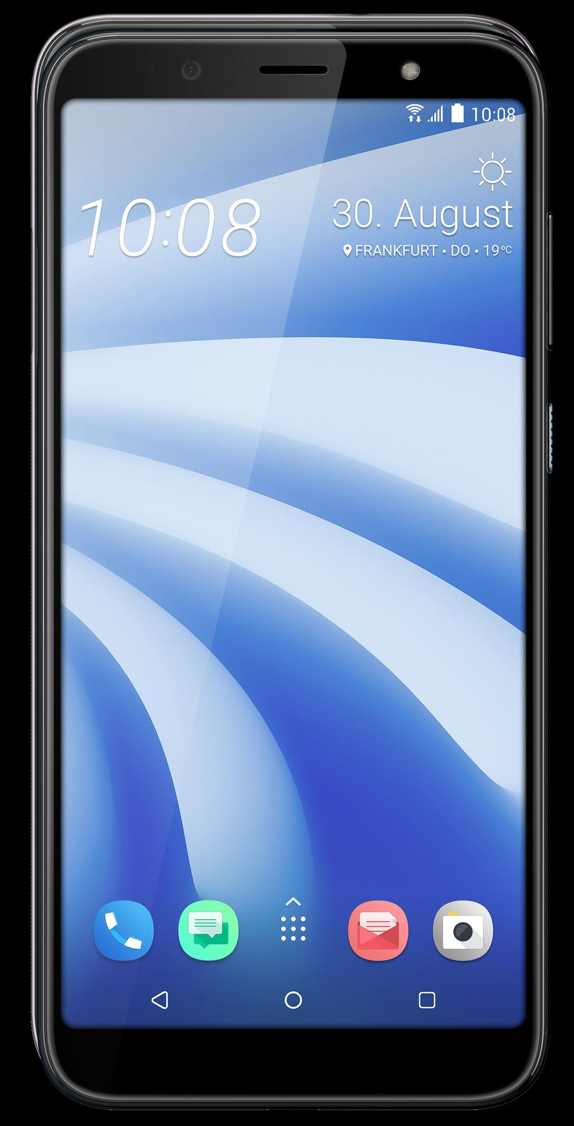 Schwarzes Smartphone mit weißen und blauen Wellenlinien auf dem Bildschirm. Zeit und Datum werden angezeigt.