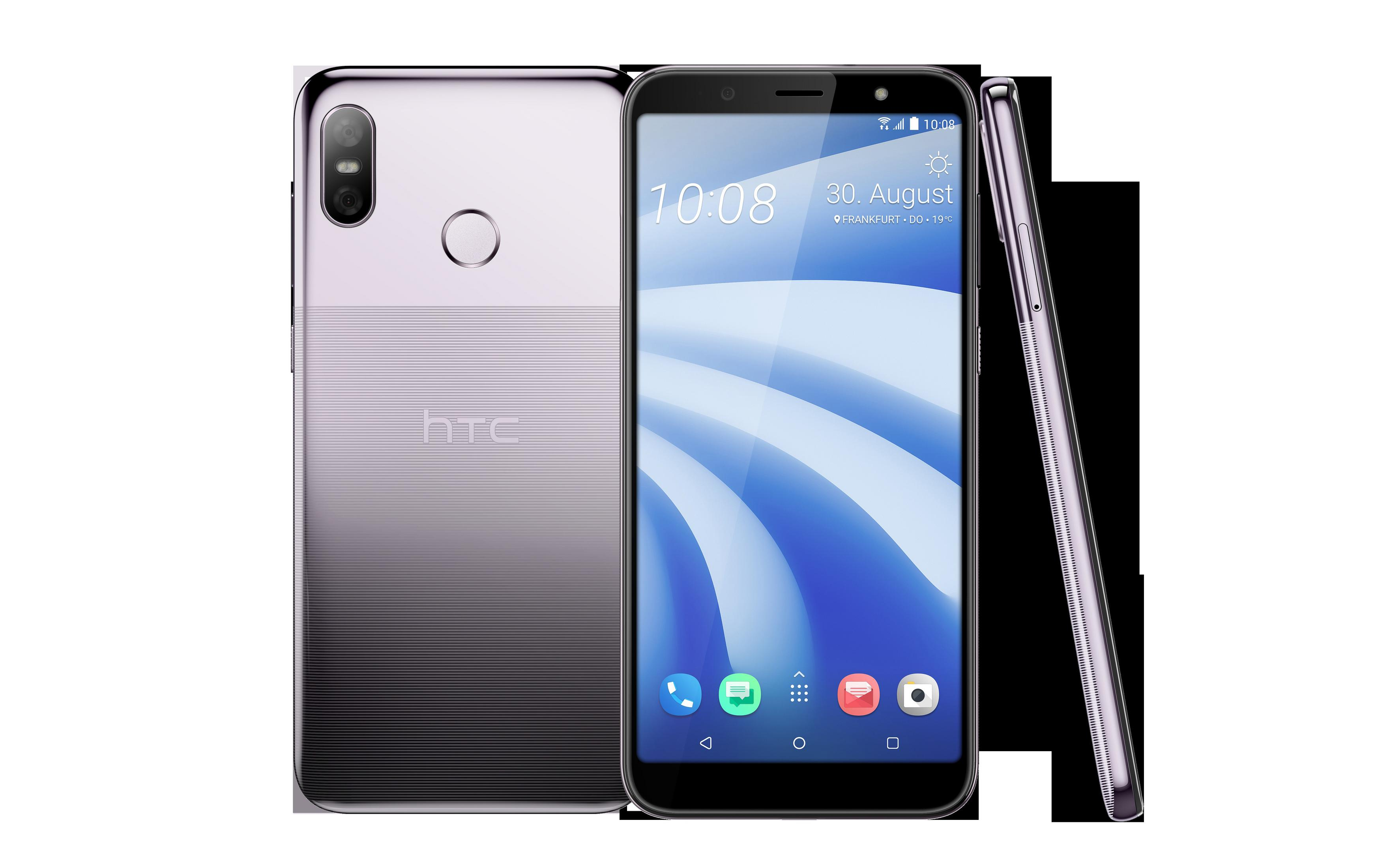 Drei Ansichten eines lila HTC-Telefons. Die Vorderseite zeigt ein blau-weißes abstraktes Design.