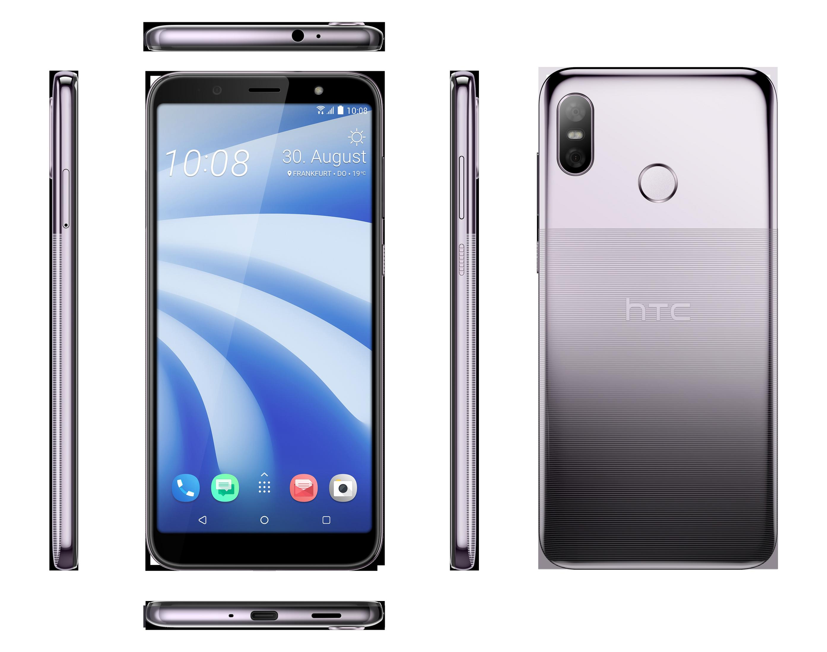 Mehrere Ansichten eines lila HTC-Telefons. Die Vorderseite zeigt ein blau-weißes abstraktes Design.