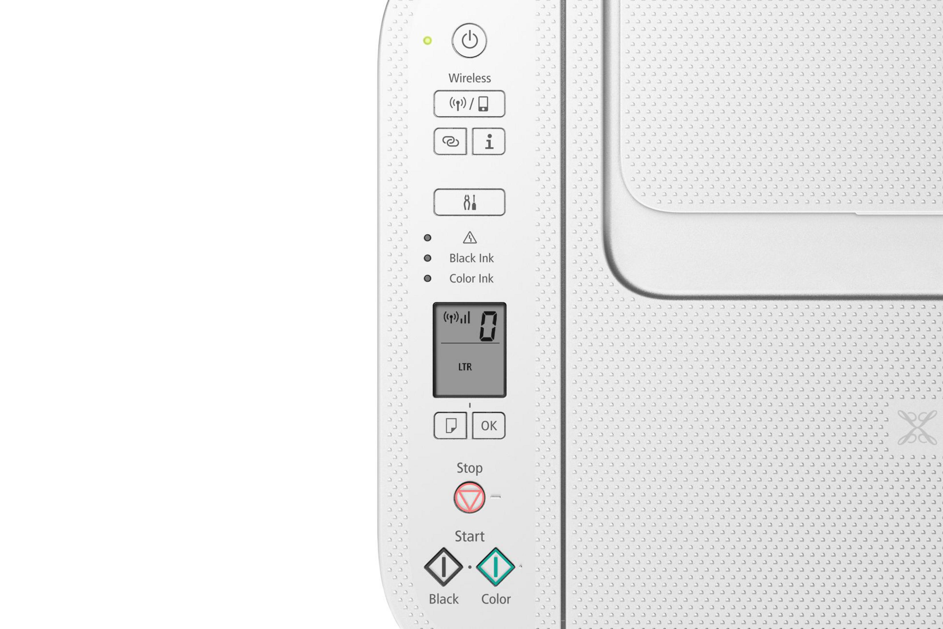 Biała drukarka, szczegóły panelu sterowania i przyciski, ze wskaźnikami i tekstem, na białym tle.