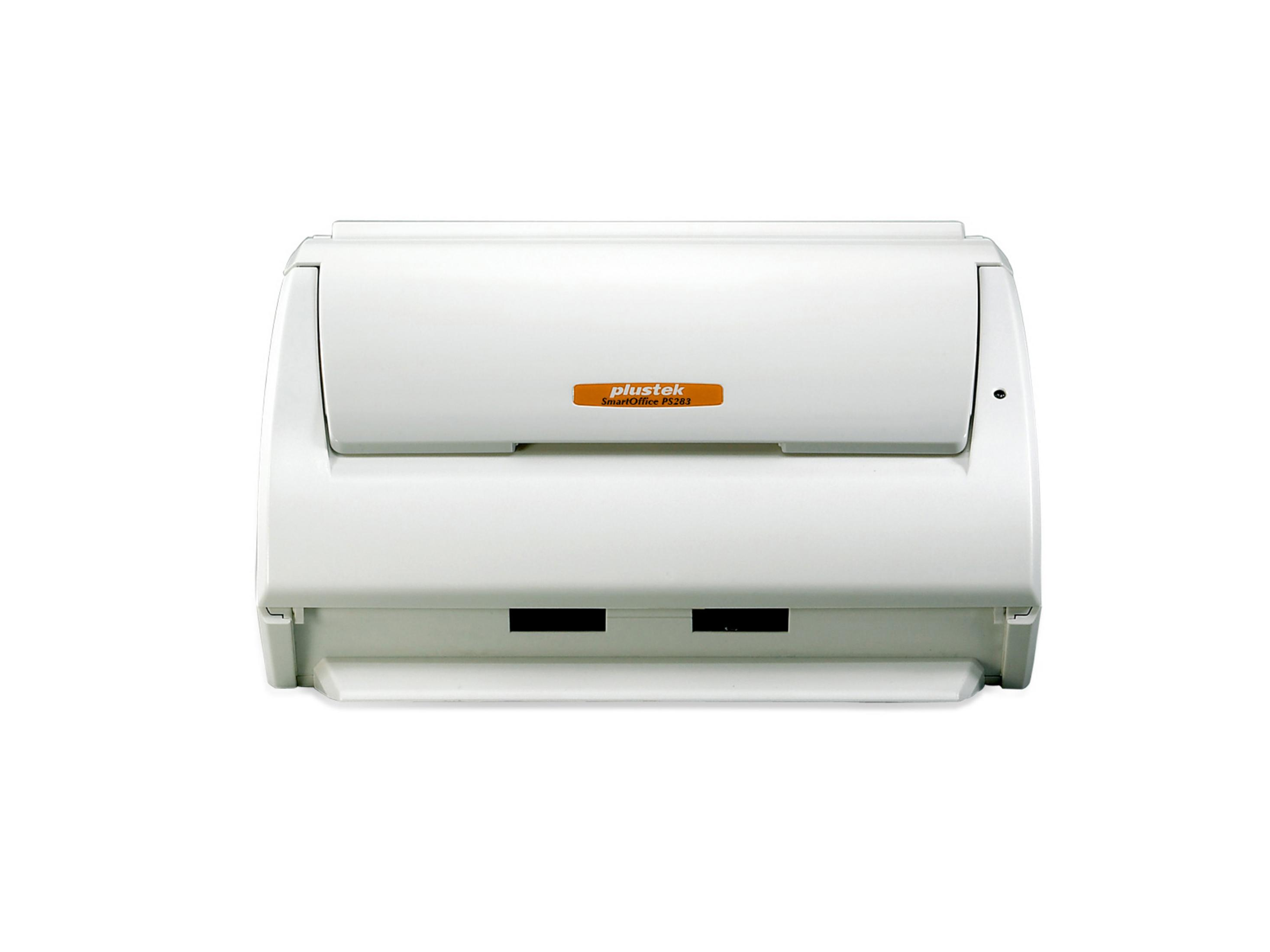 Scanner bianco. Etichetta arancione sul davanti. Fessure nere in basso. Sfondo bianco.