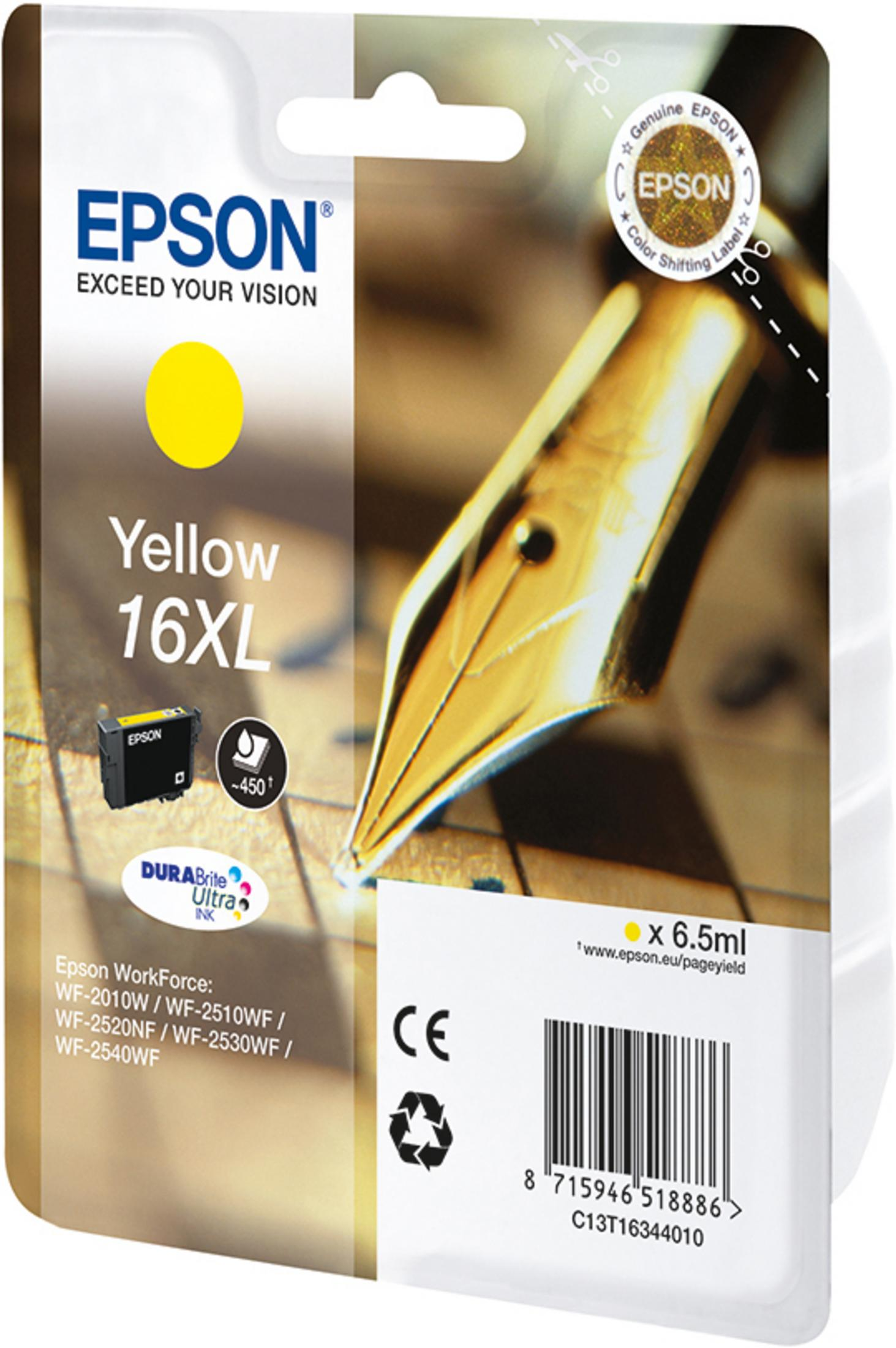Gelbe Epson Tintenpatrone. Eine Stiftgrafik auf der rechten Seite. Die Verpackung hat das Epson-Logo.