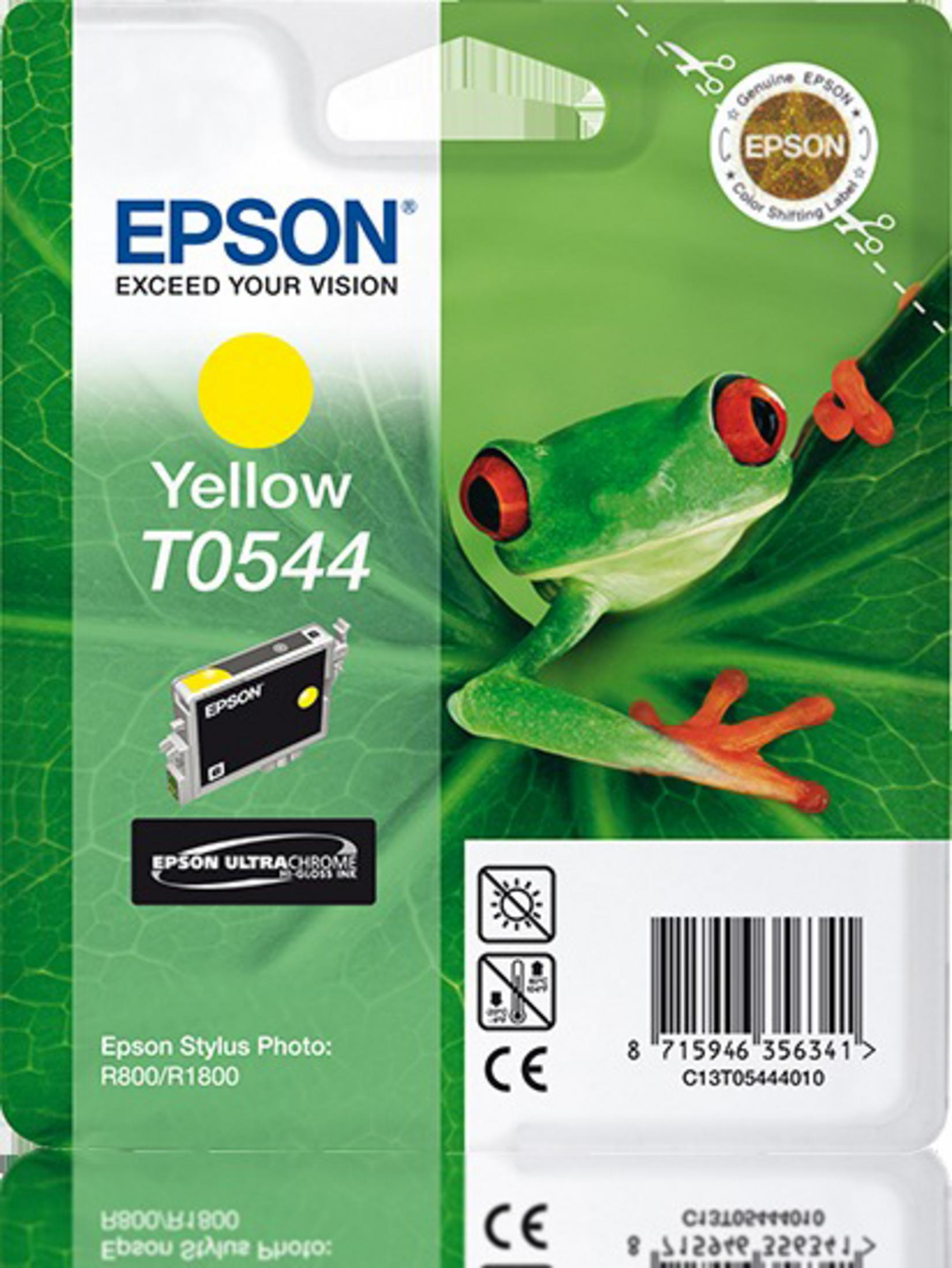 Confezione di cartucce d'inchiostro Epson gialle, sfondo rana verde. Testo: Giallo T0544.