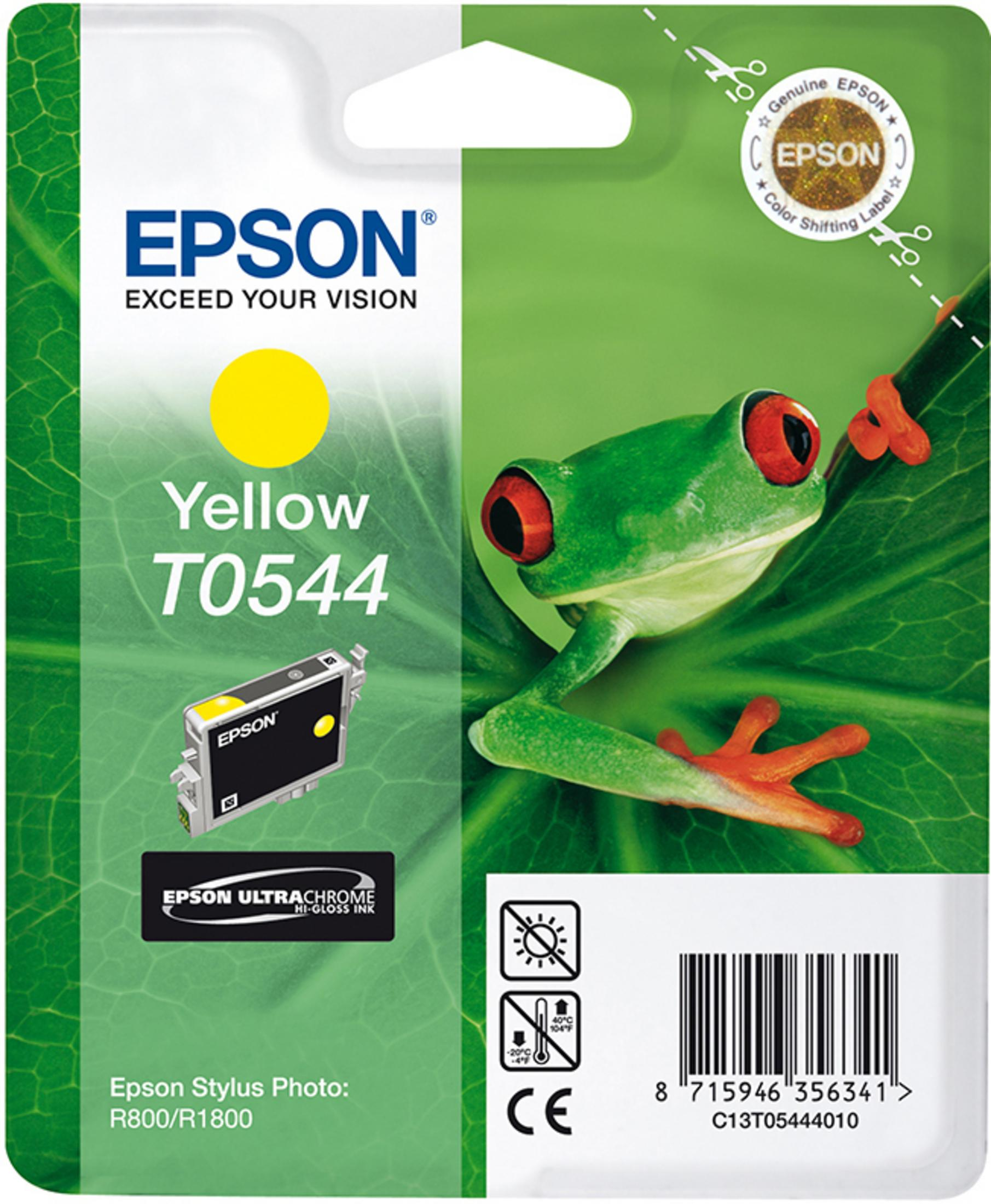 Confezione di cartucce d'inchiostro Epson gialle, sfondo rana verde. Testo: Giallo T0544.
