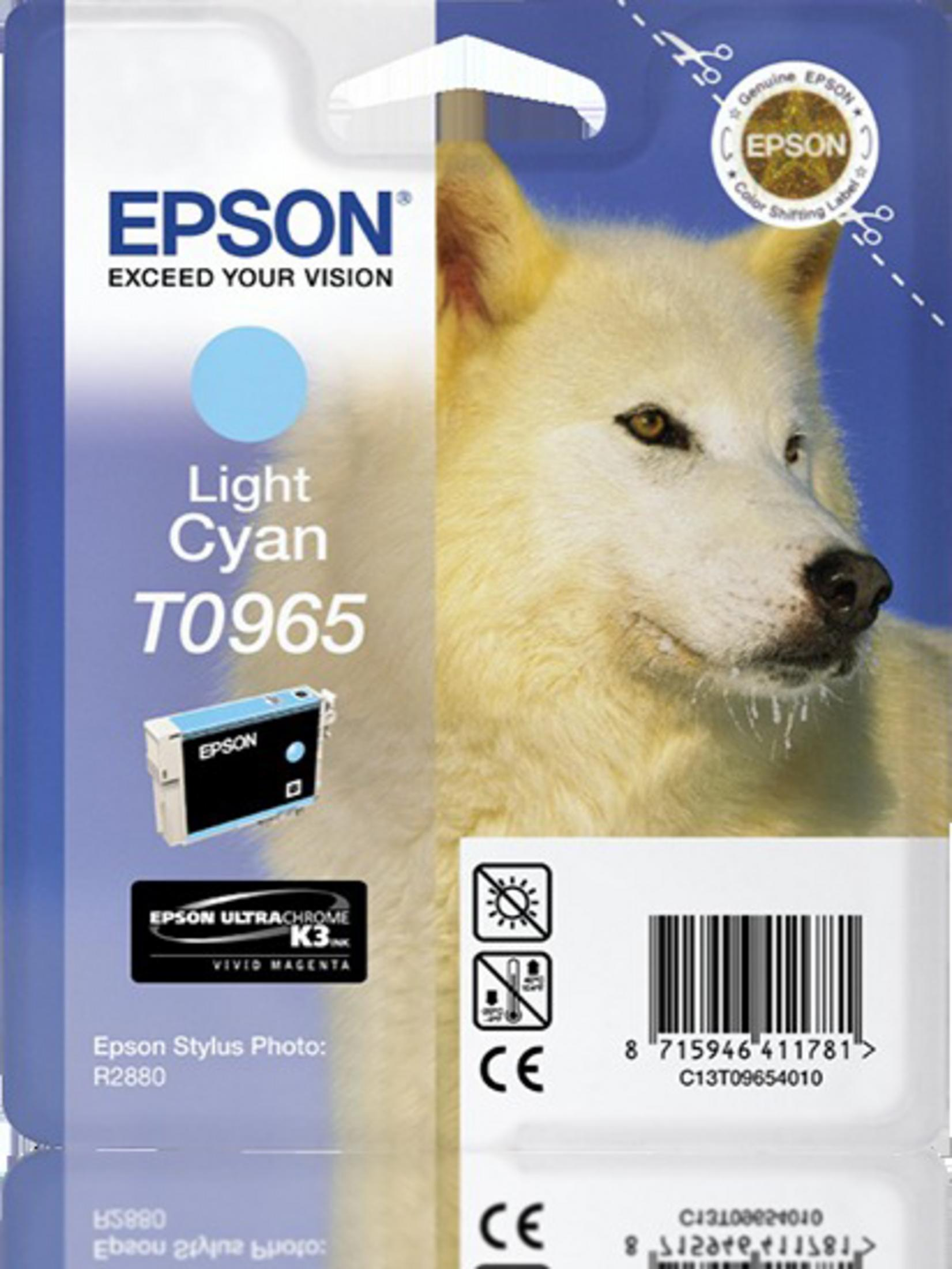 Cartuccia d'inchiostro ciano chiaro Epson. Grafica di un lupo. La confezione ha il logo Epson.