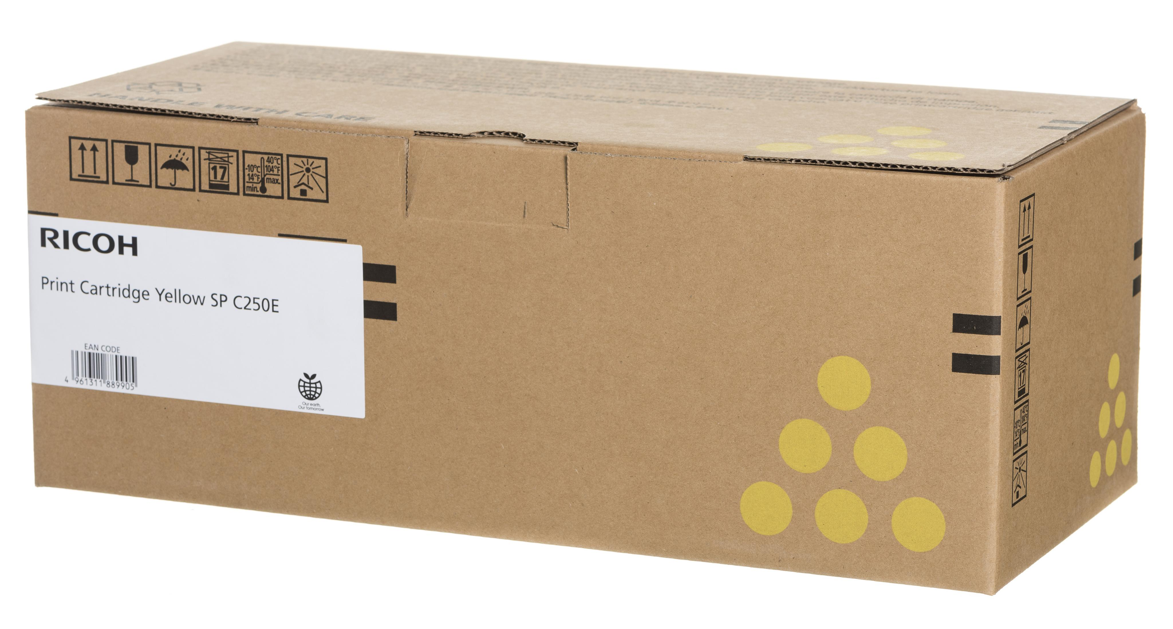 Wkład drukujący Ricoh Yellow SP C250E w brązowym pudełku. Pudełko ma żółte koła.