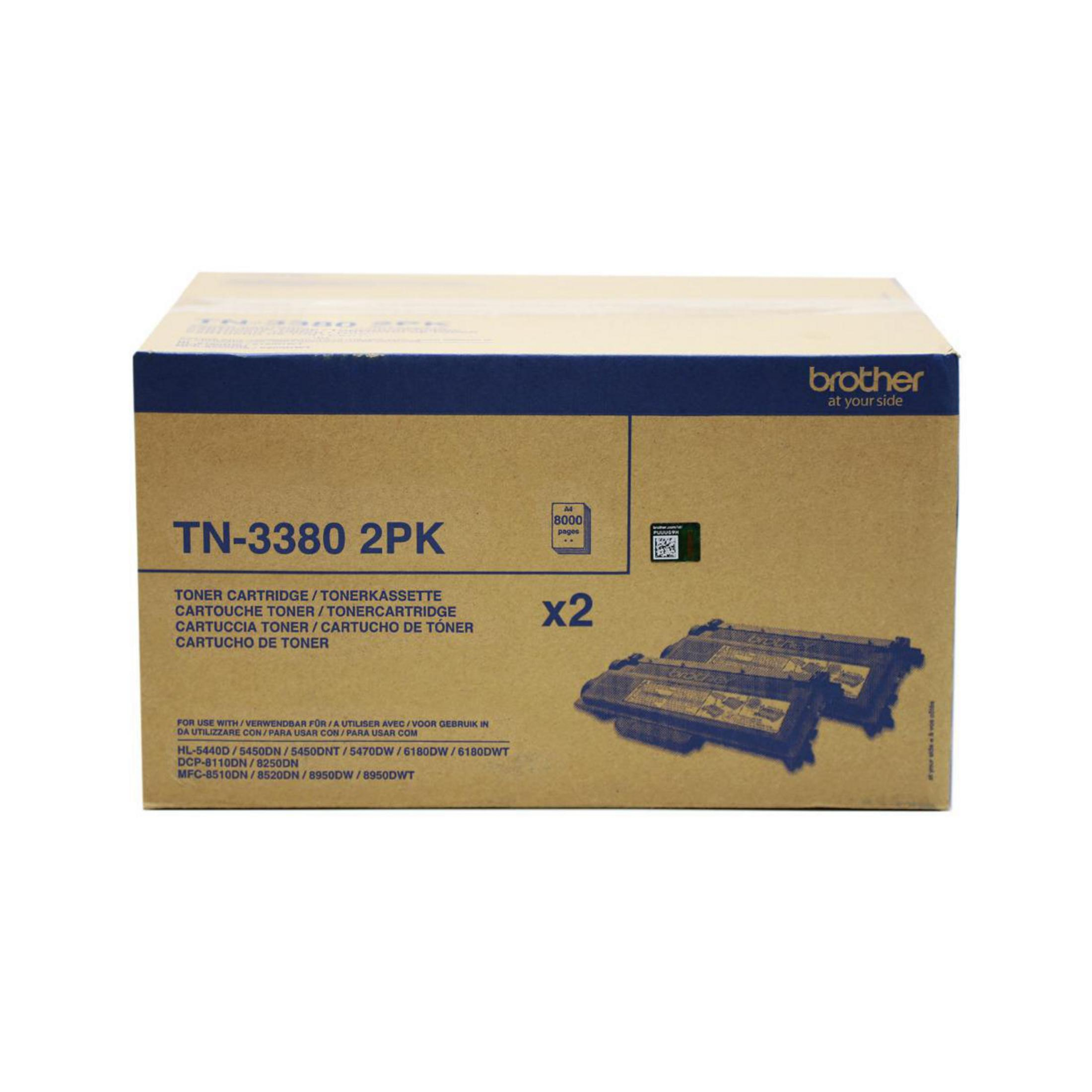 Due cartucce toner per stampante Brother TN-3380 in una scatola. La scatola è bianca con testo nero.