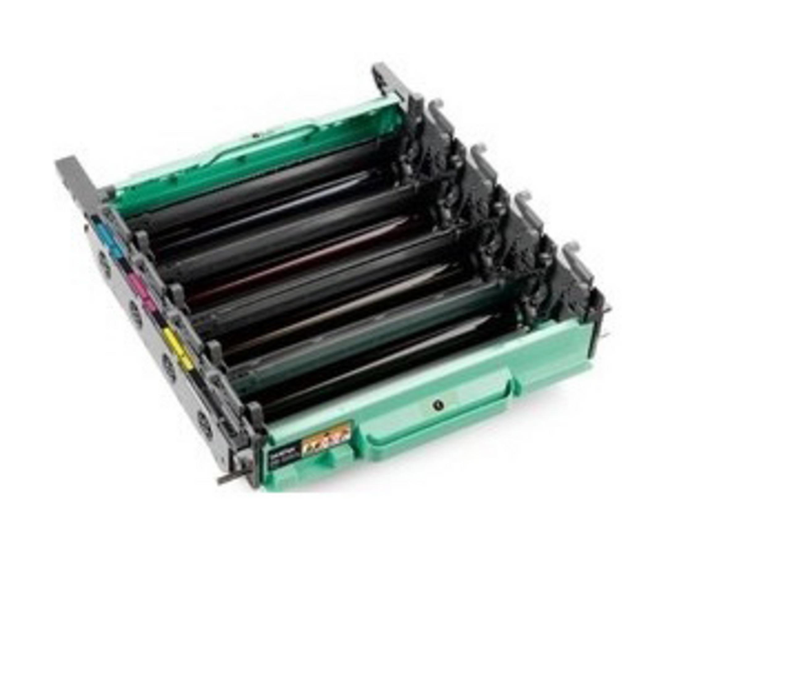 Support de cartouches d'encre avec cartouches. Le support est vert et les cartouches sont noir, cyan, magenta, jaune.