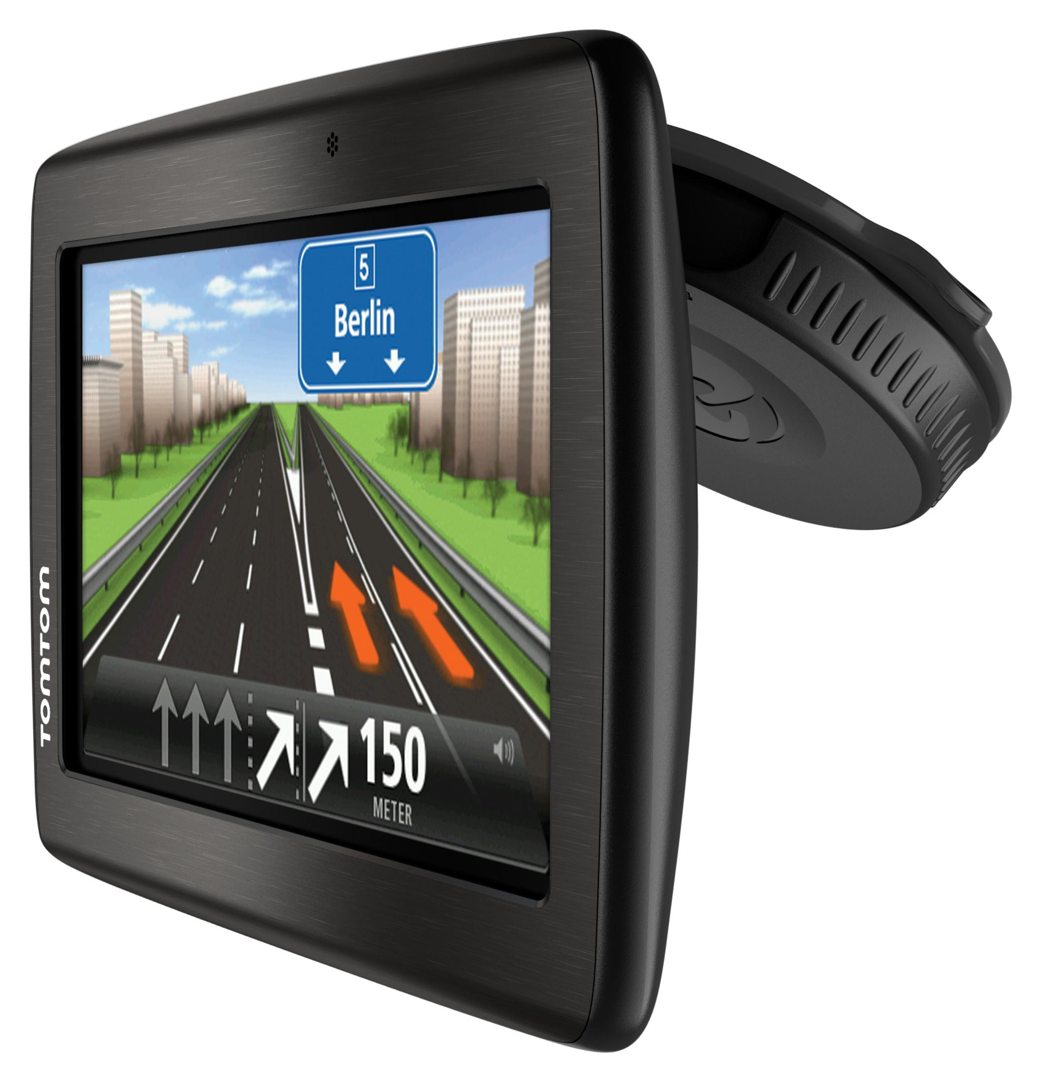 GPS-Navigationsgerät auf Halterung, Straßenkarte mit Anweisungen und Informationen anzeigend.