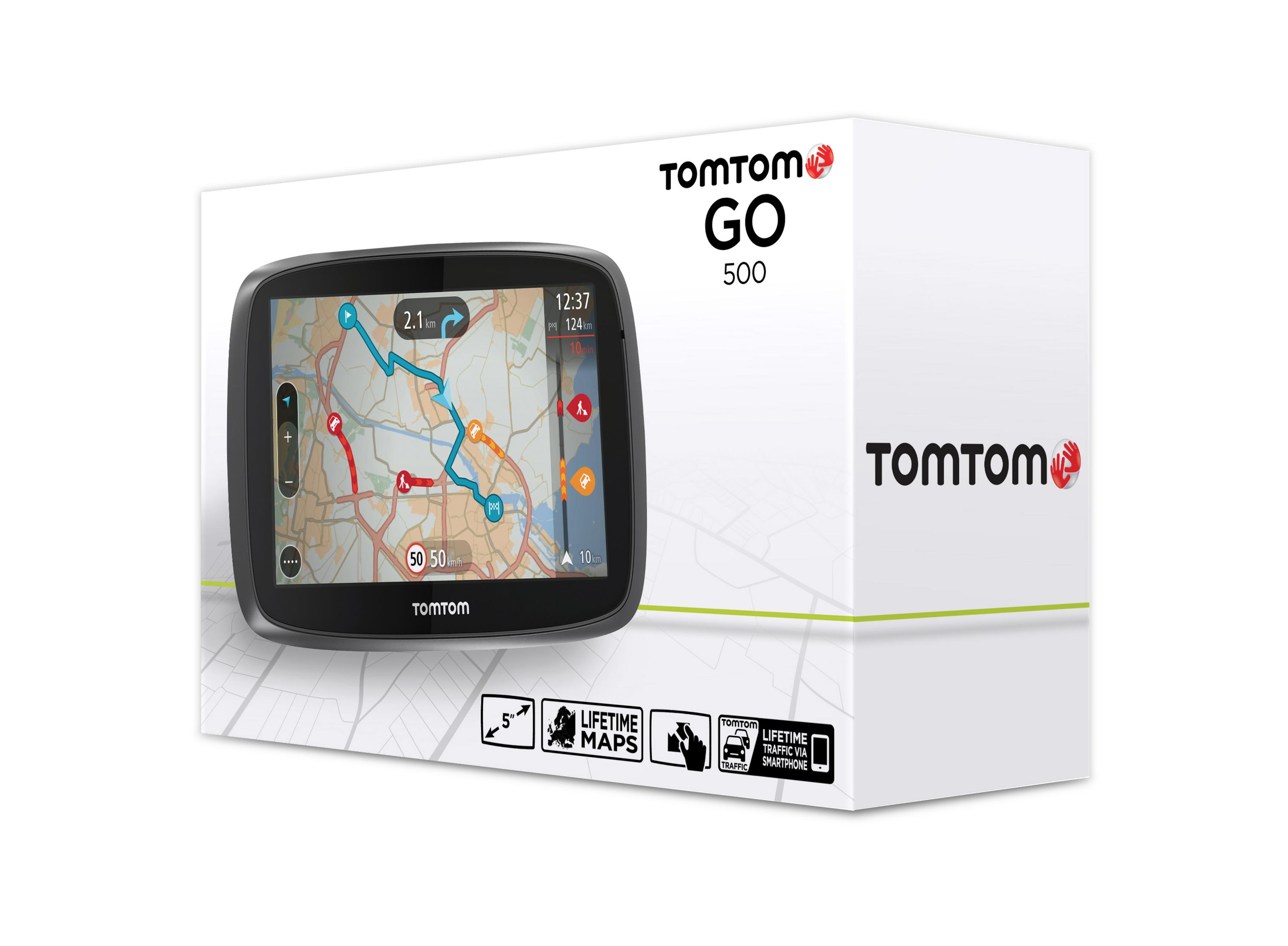 TomTom Go 500 GPS auf seiner Verpackung, zeigt Karte und Route.