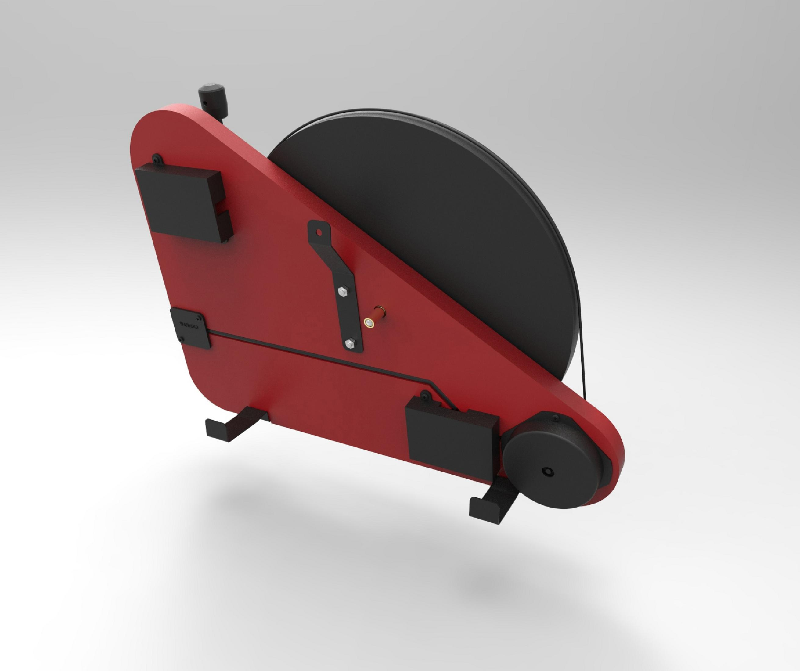Red and black machine with a rotating disk. Simple design with support legs.