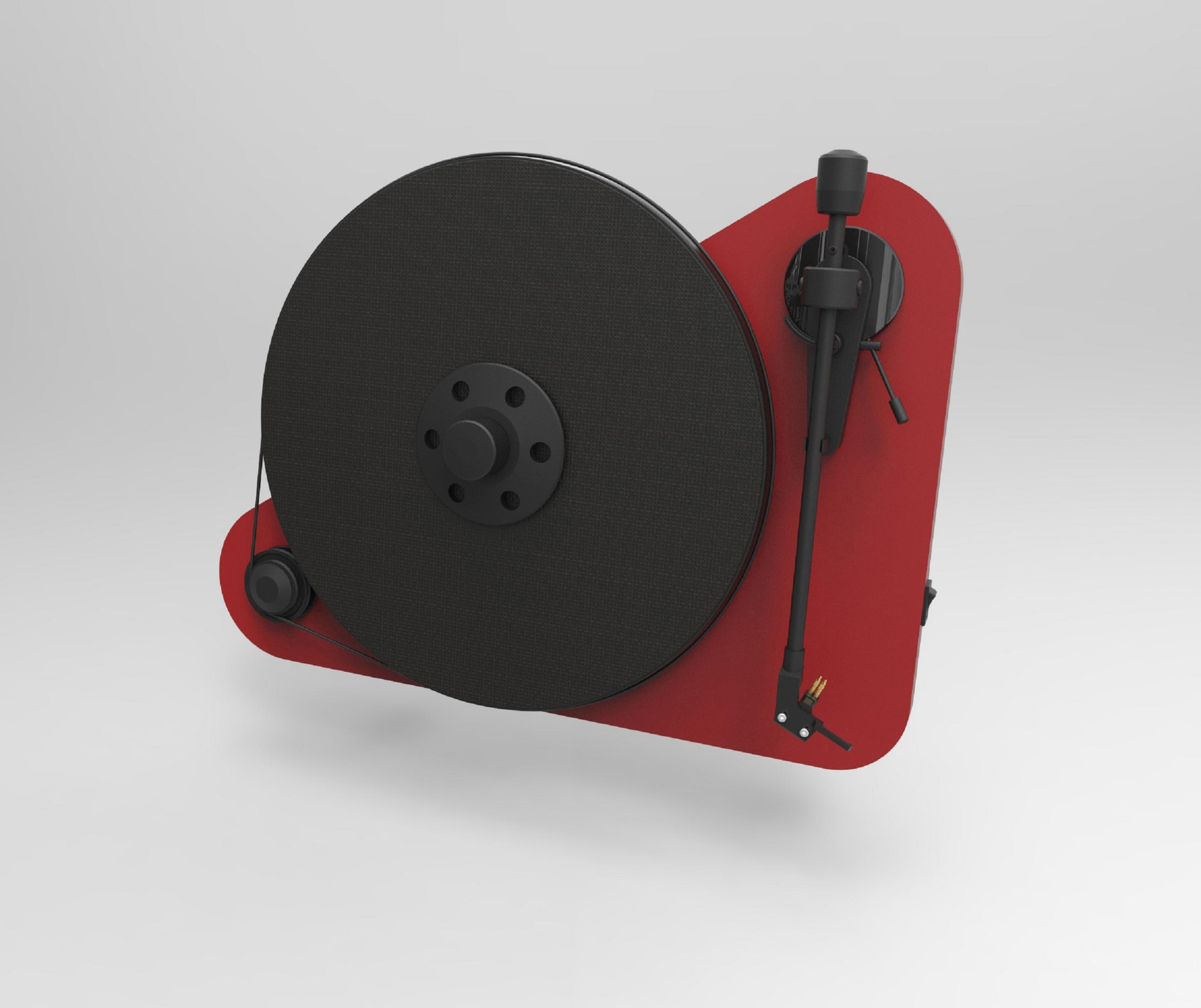 Red turntable with a black record and black arm.