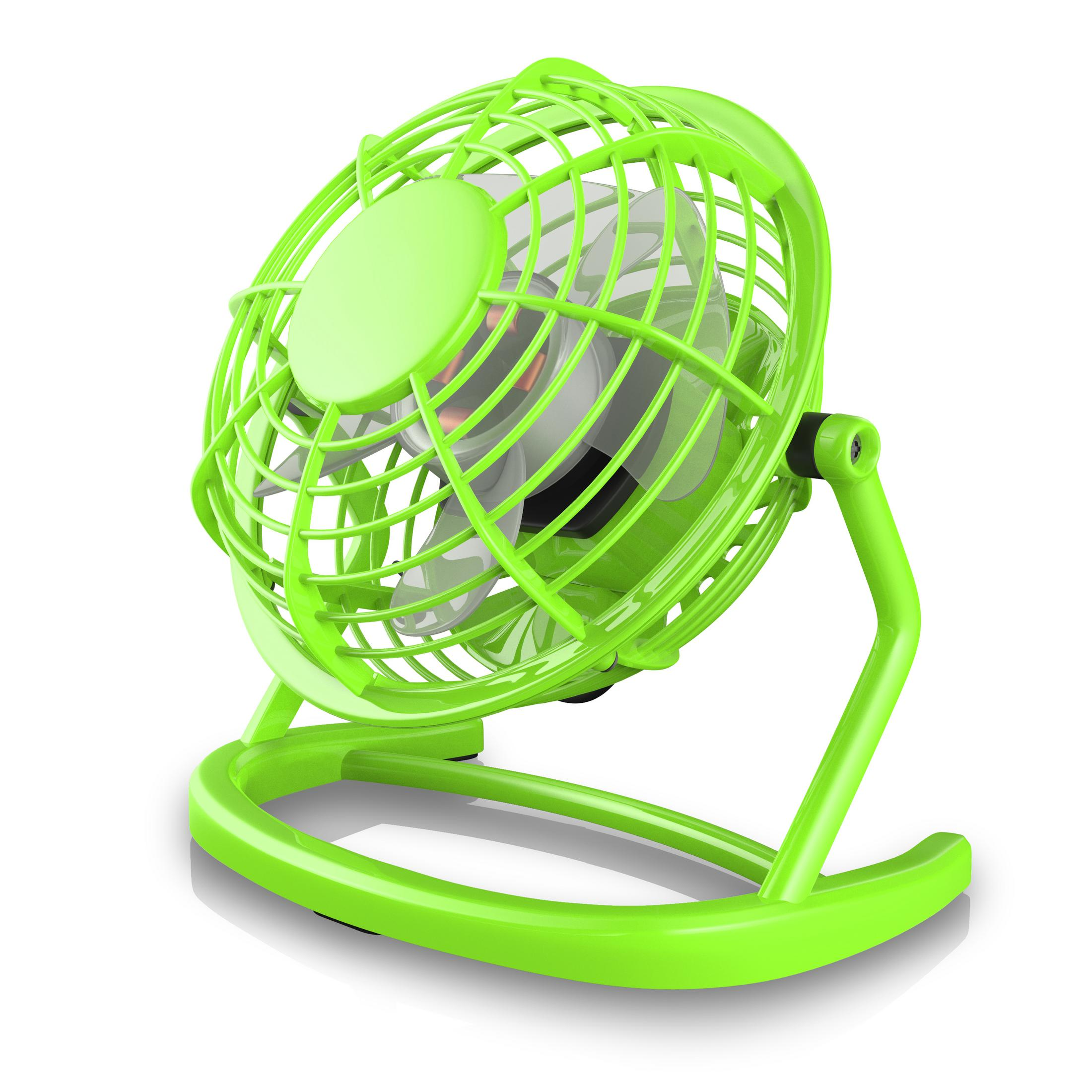 Grüner elektrischer Ventilator mit Schutzgitter und gebogenem Fuß.