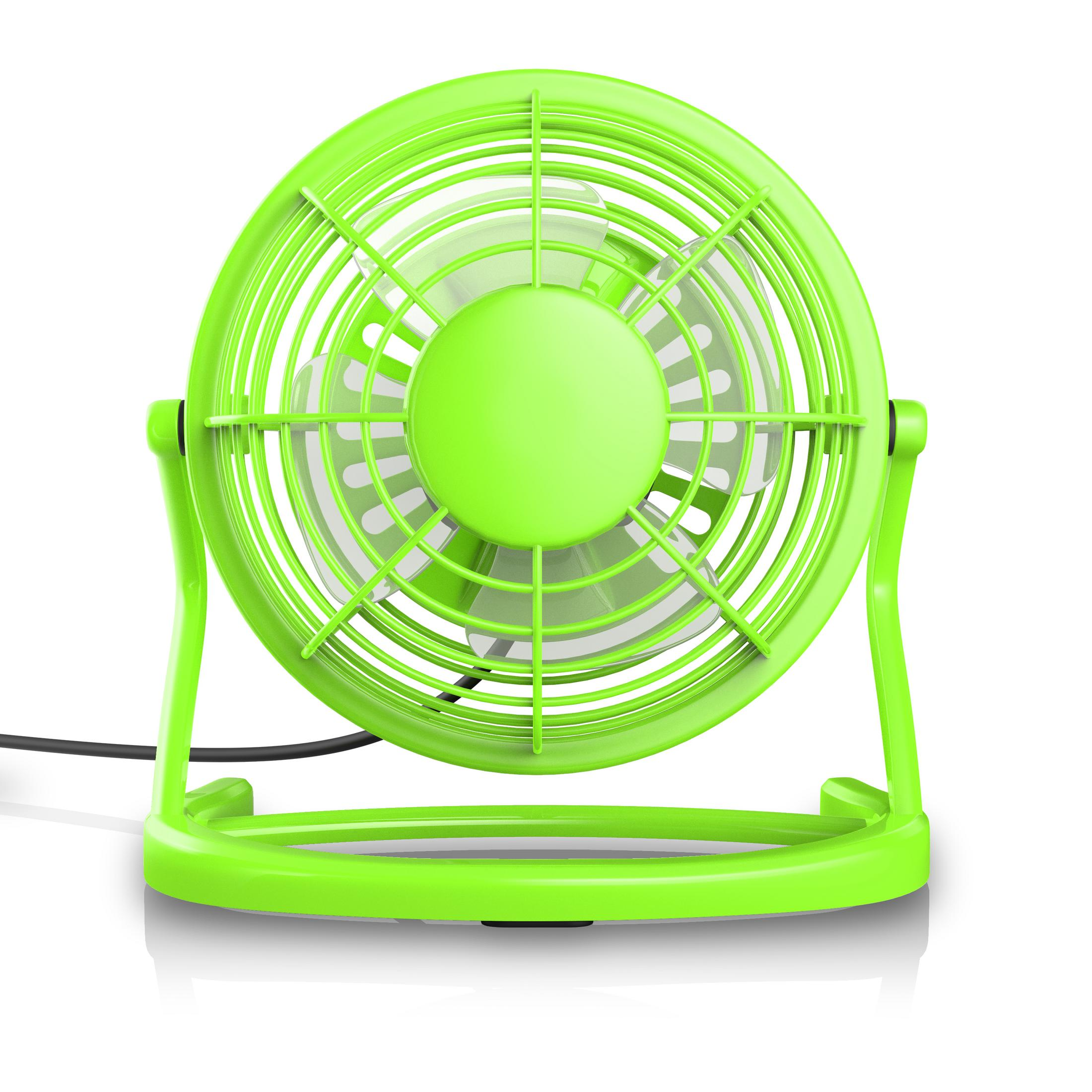 Grüner Tischventilator, Vorderansicht. Blätter und Käfig sind sichtbar, mit weißem Hintergrund.