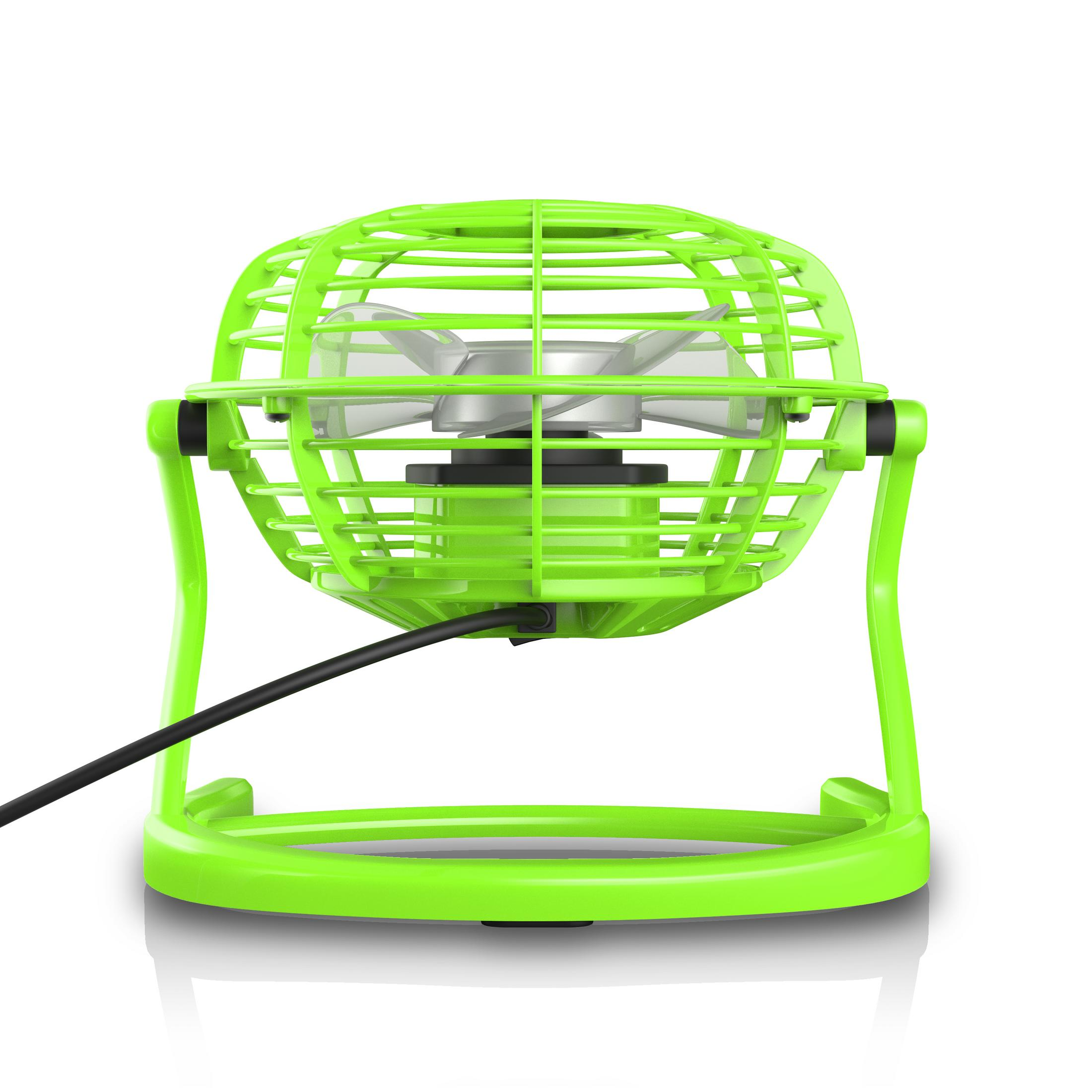 Grüner kugelförmiger Ventilator. Der Ventilator ist in einem grünen Käfig eingeschlossen. Schwarzes Netzkabel.