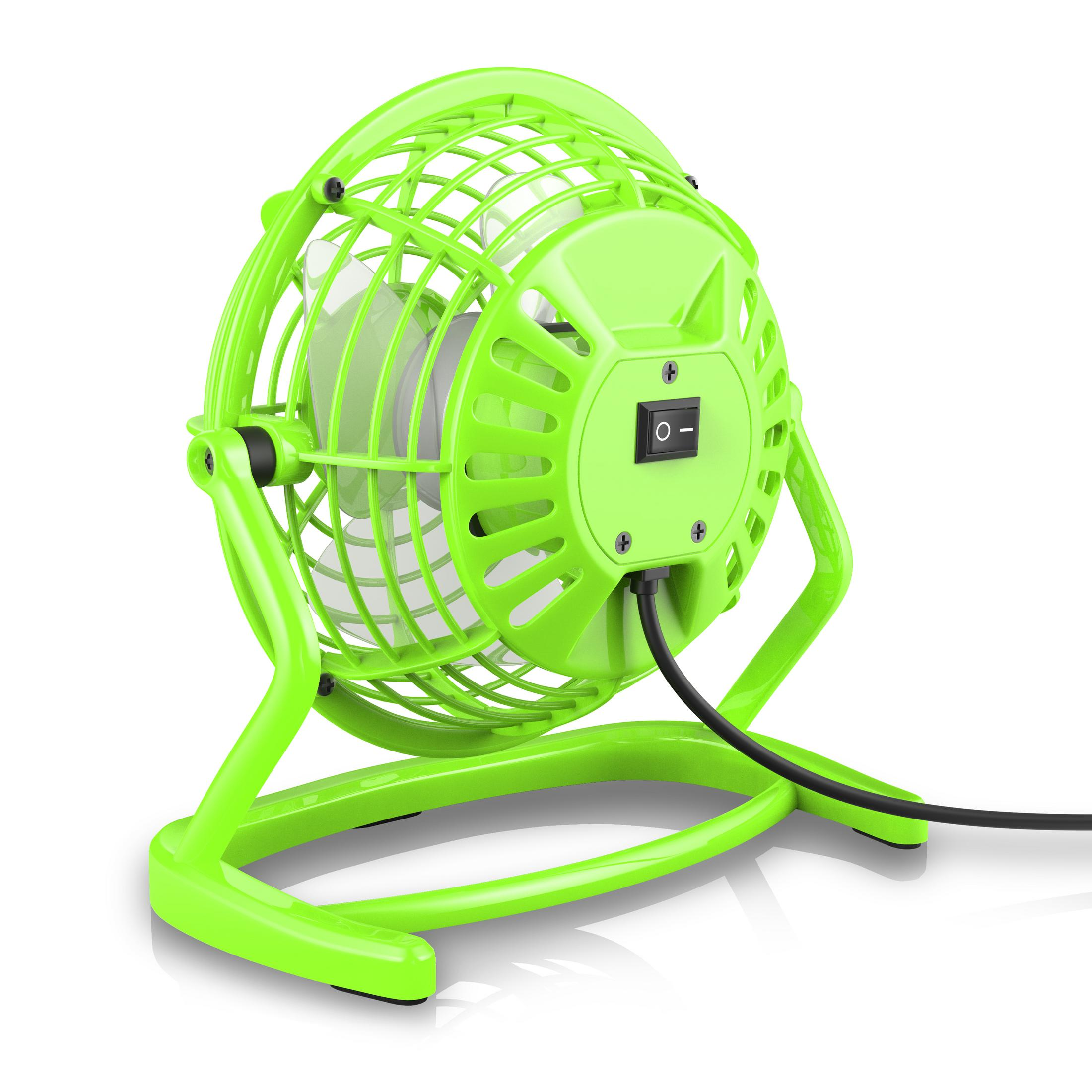 Grüner Tischventilator, Rück- und Seitenansicht. Mit Ein-/Ausschalter und schwarzem Kabel.