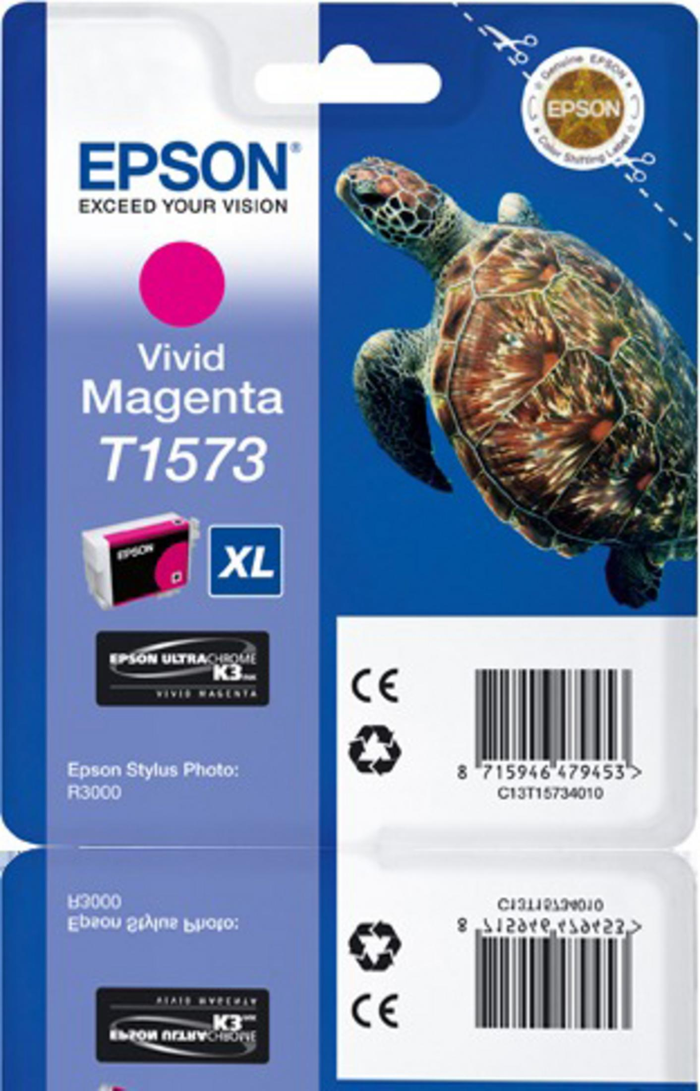 Epson-Tintenpatrone. Eine grün-weiße Verpackung mit einer magentafarbenen Tintenpatrone und einer Schildkrötengrafik.