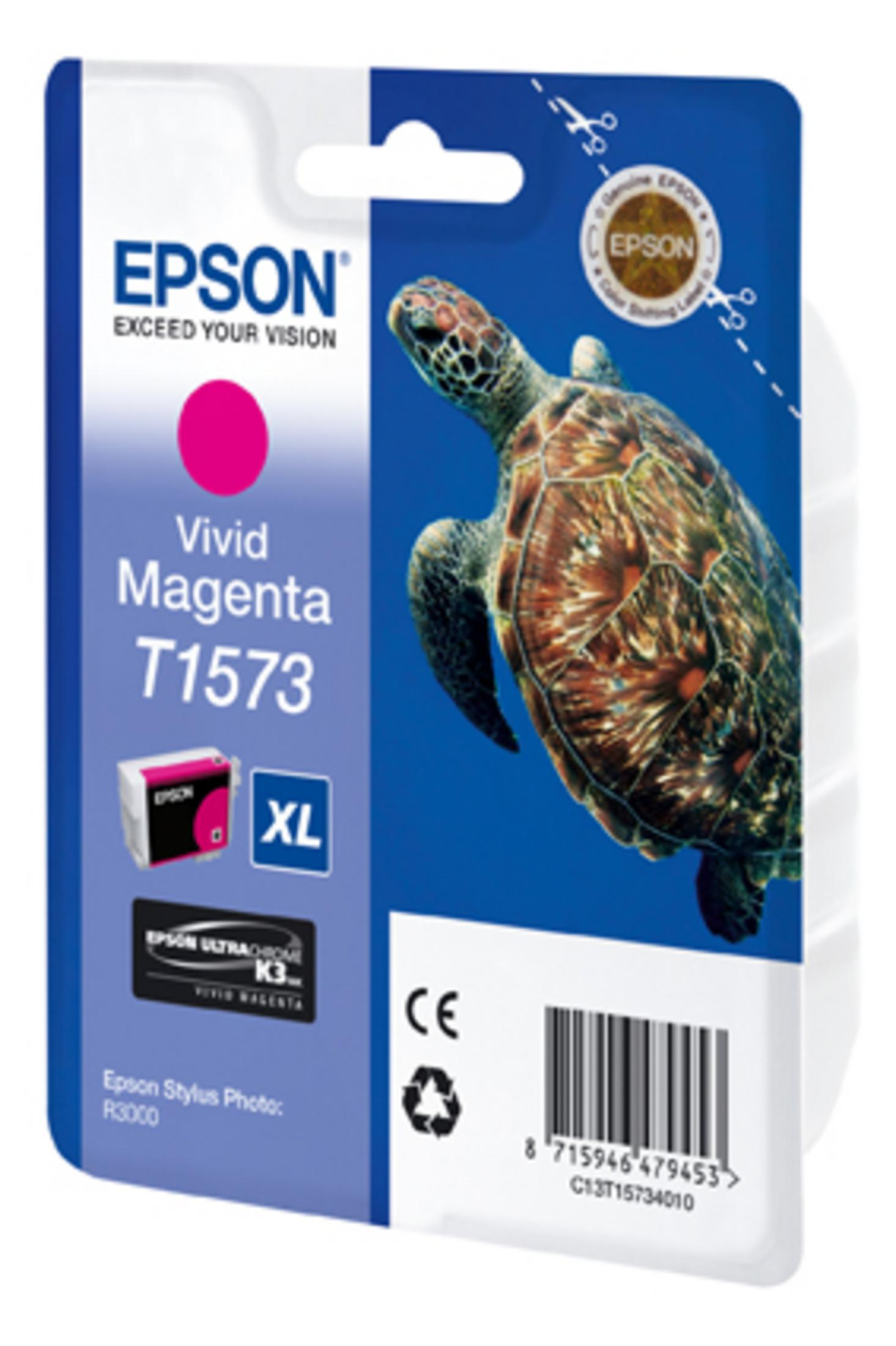 Eine Epson Tintenpatrone für Vivid Magenta. Mit Epson-Logo und einem Bild einer Meeresschildkröte.
