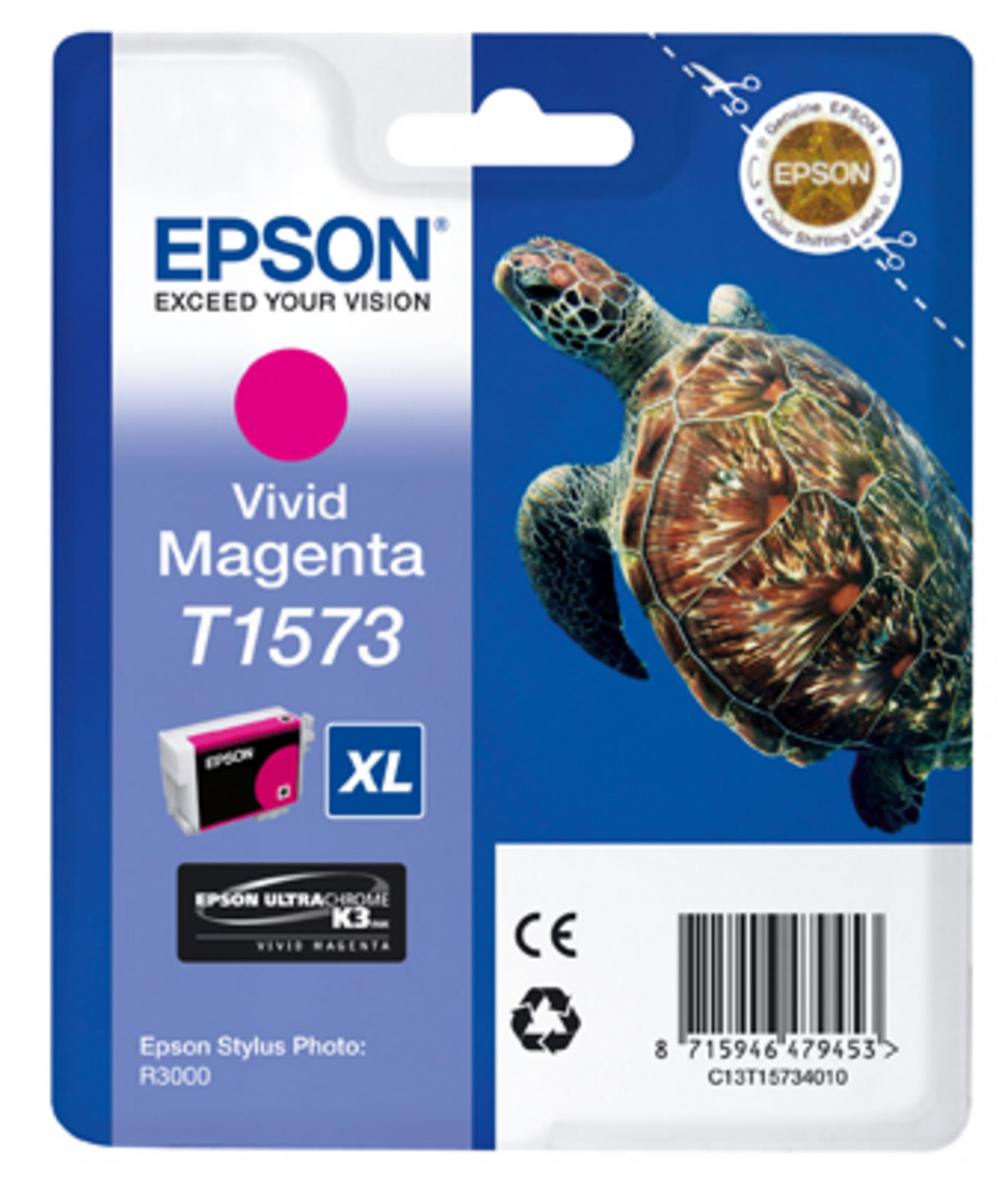 Epson Tintenpatronenverpackung mit magentafarbenem Punkt und Schildkrötenillustration. Blauer Hintergrund.