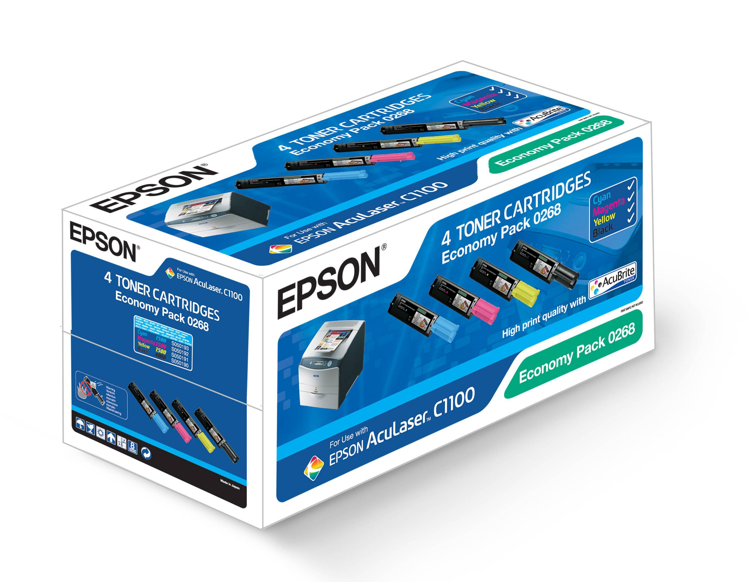 Cartucce d'inchiostro Epson in una scatola con etichettatura chiara e vista delle cartucce all'interno.