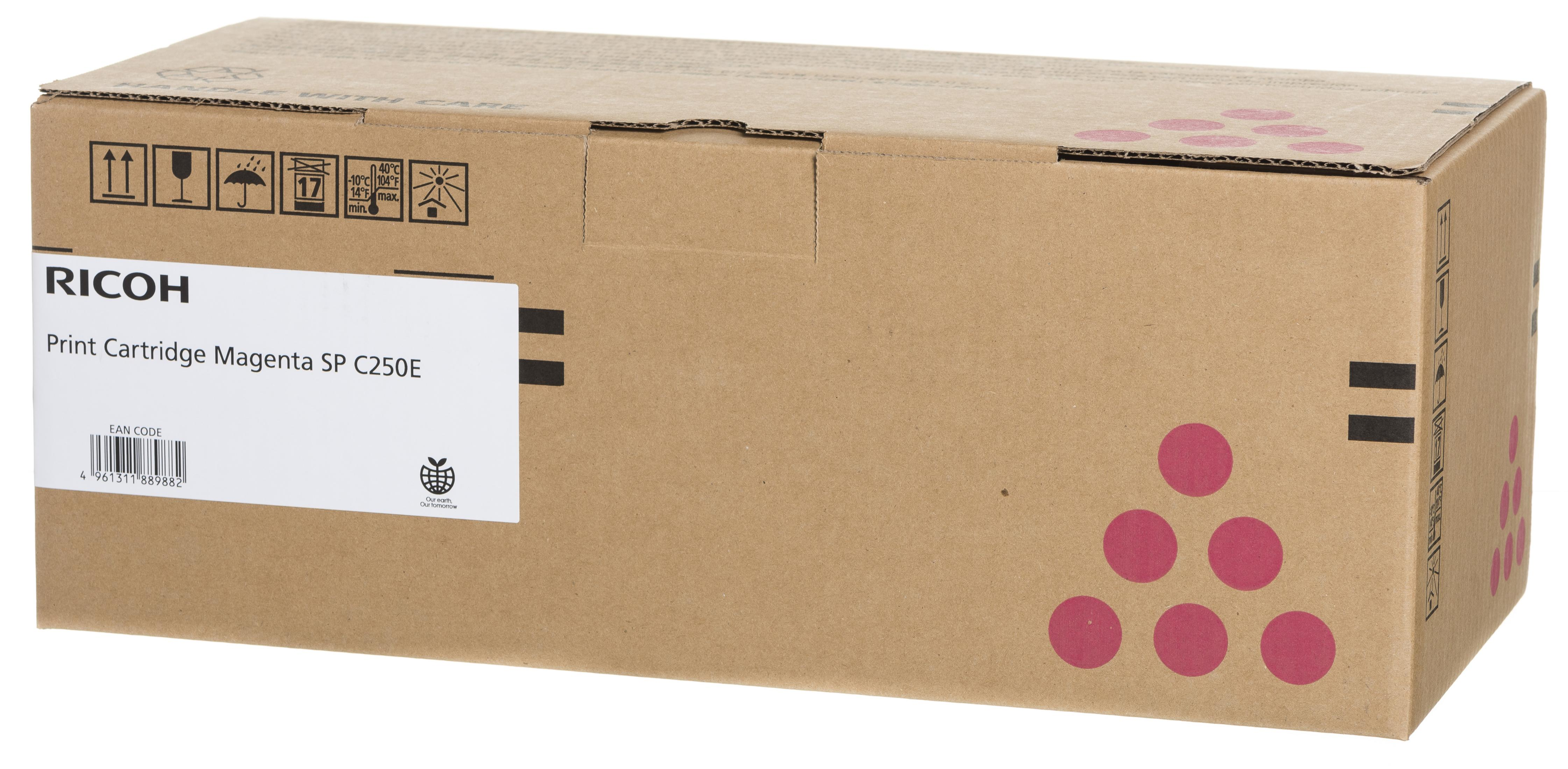 Pudełko z wkładem drukującym Ricoh, kolor magenta, z różnymi symbolami i tekstem.