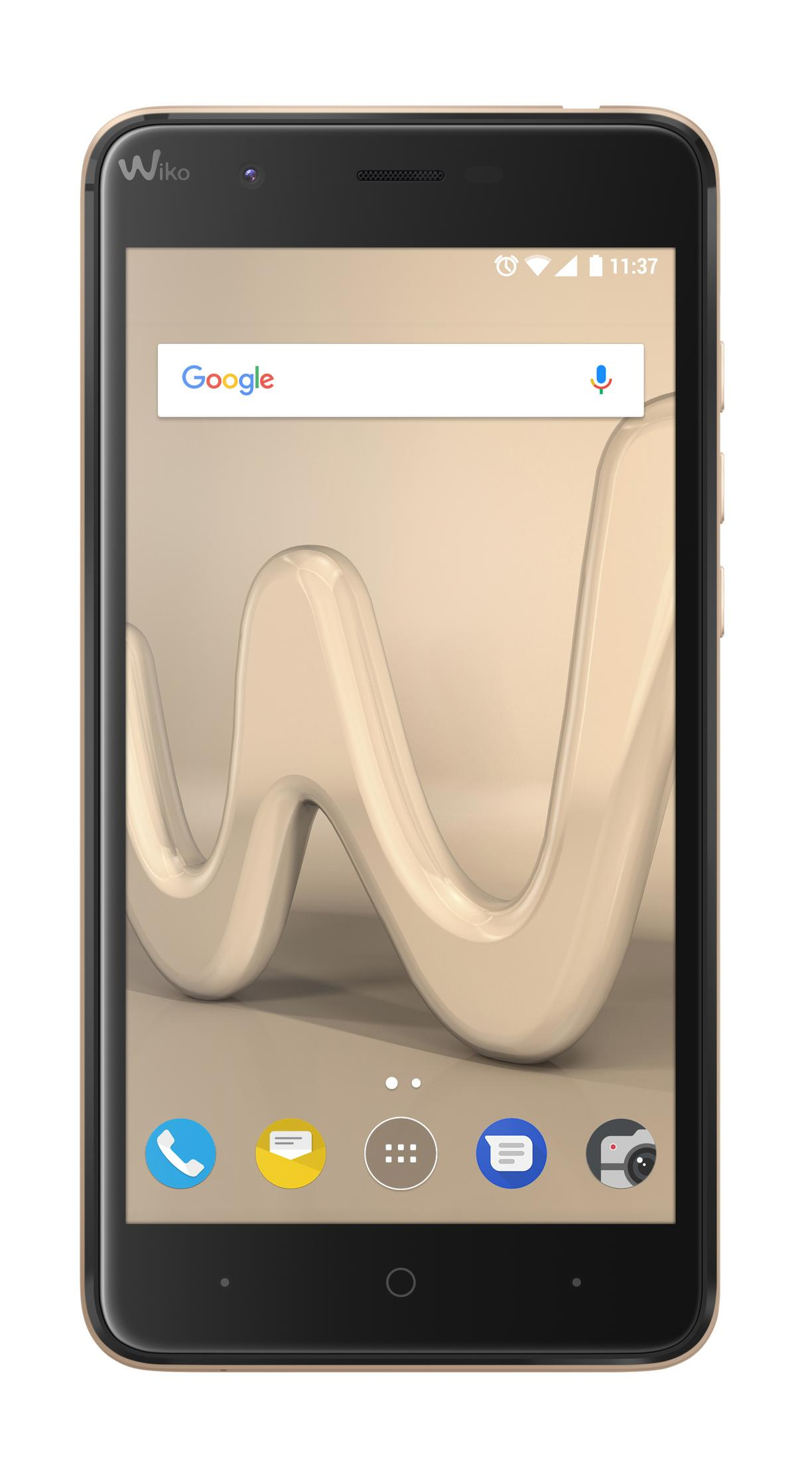 Ein goldenes Smartphone mit Google-Suchleiste auf dem Bildschirm. Der Hintergrund ist hellbeige.
