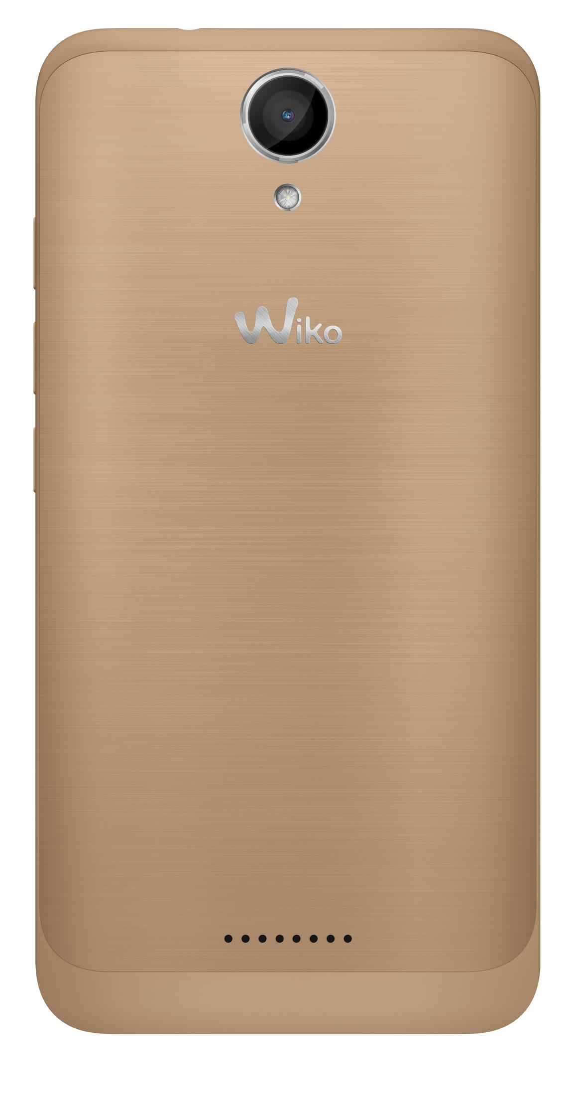 Rückseite eines goldenen Smartphones mit Kamera, Wiko-Logo und Lautsprecherlöchern. Die Oberfläche ist strukturiert.