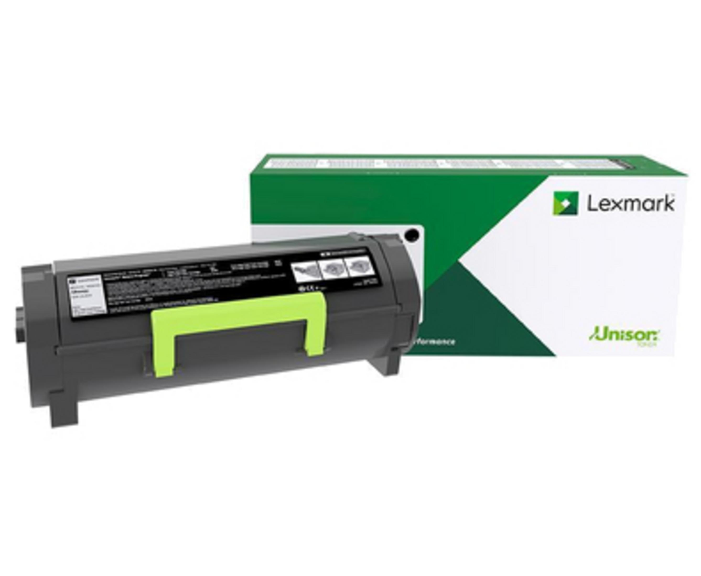 Lexmark-tonercartridge en doos op een witte achtergrond. De doos is groen en wit met het Lexmark-logo.