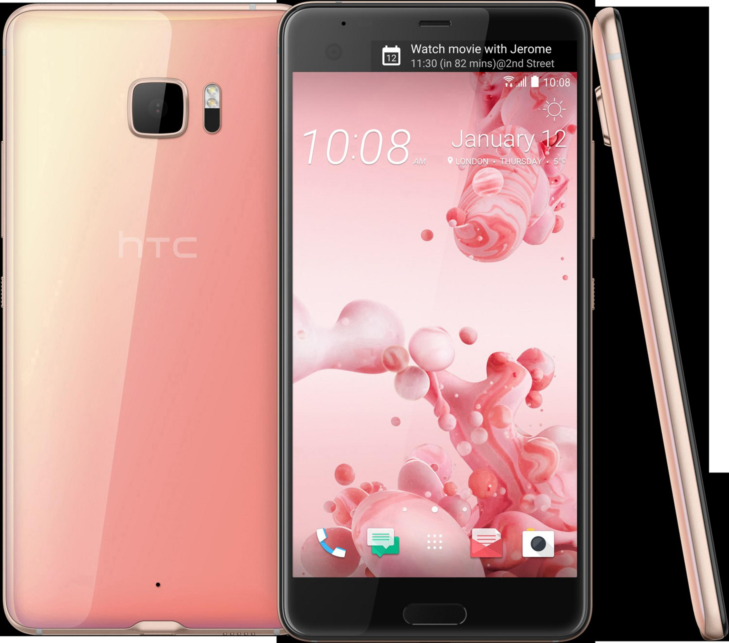 Rosa HTC-Smartphone, das einen Startbildschirm mit Kalender, Wetter und App-Symbolen auf weißem Hintergrund anzeigt.