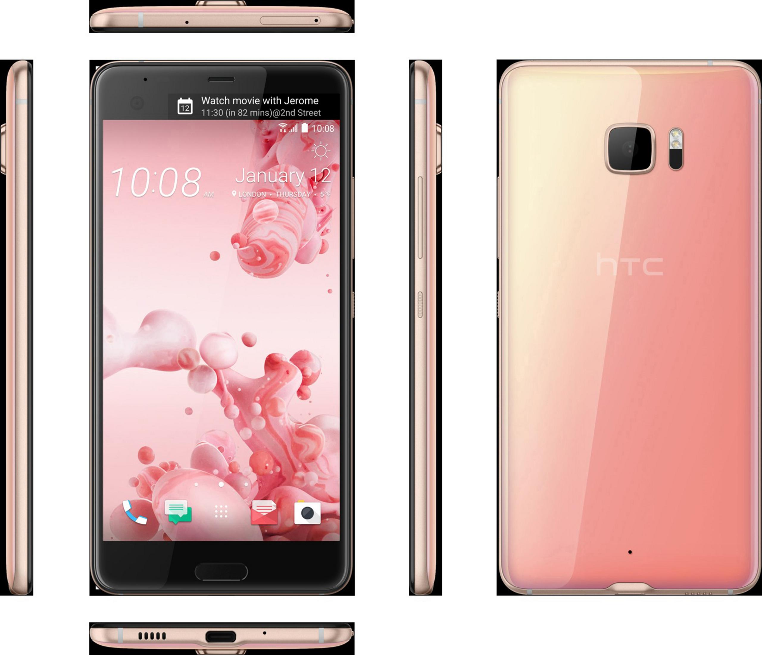 Goldgerahmtes Smartphone. Zeigt einen rosa abstrakten Hintergrund mit Symbolen, Uhrzeit und Datum.