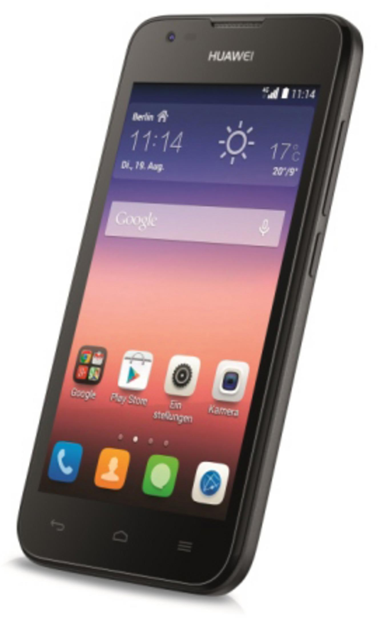 Schwarzes Smartphone mit Bildschirm, der farbige Symbole zeigt. Das Telefon ist angewinkelt, weißer Hintergrund.