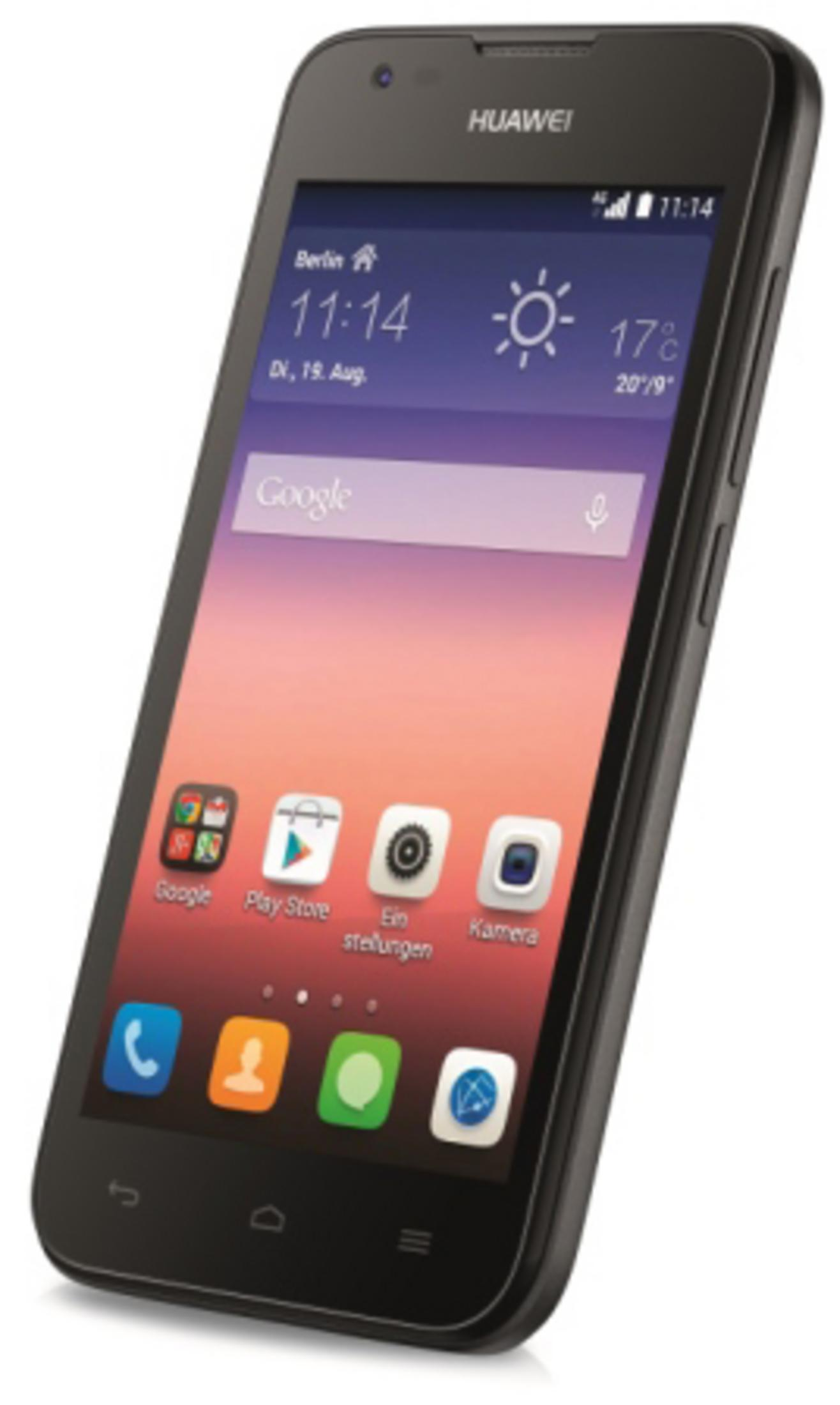 Schwarzes Smartphone mit Symbolen auf dem Bildschirm. Das Telefon ist vor weißem Hintergrund abgewinkelt.
