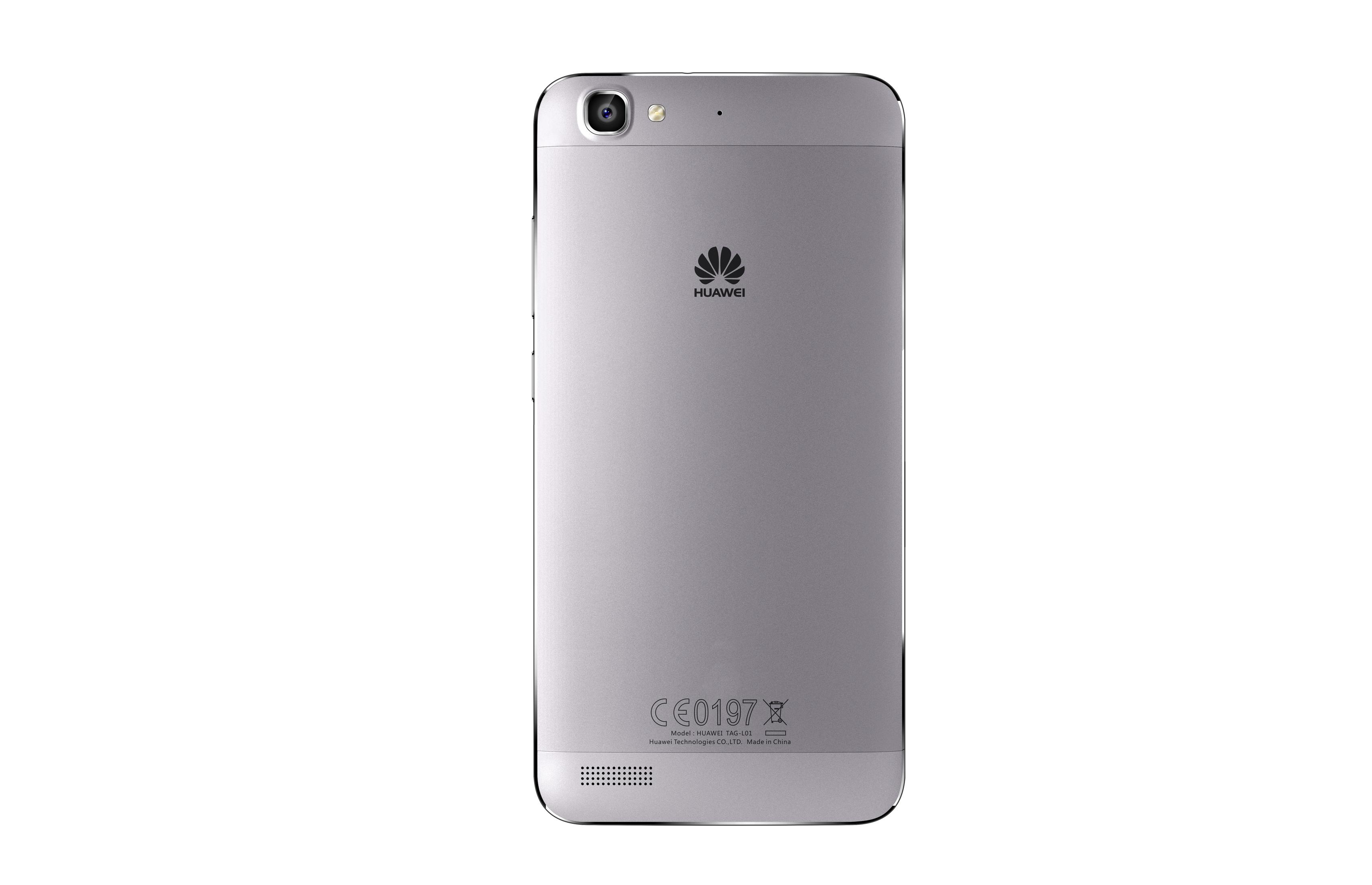 Rückseite eines silbernen Smartphones. Huawei-Logo, Kamera und Dual-Tone-Blitz oben.