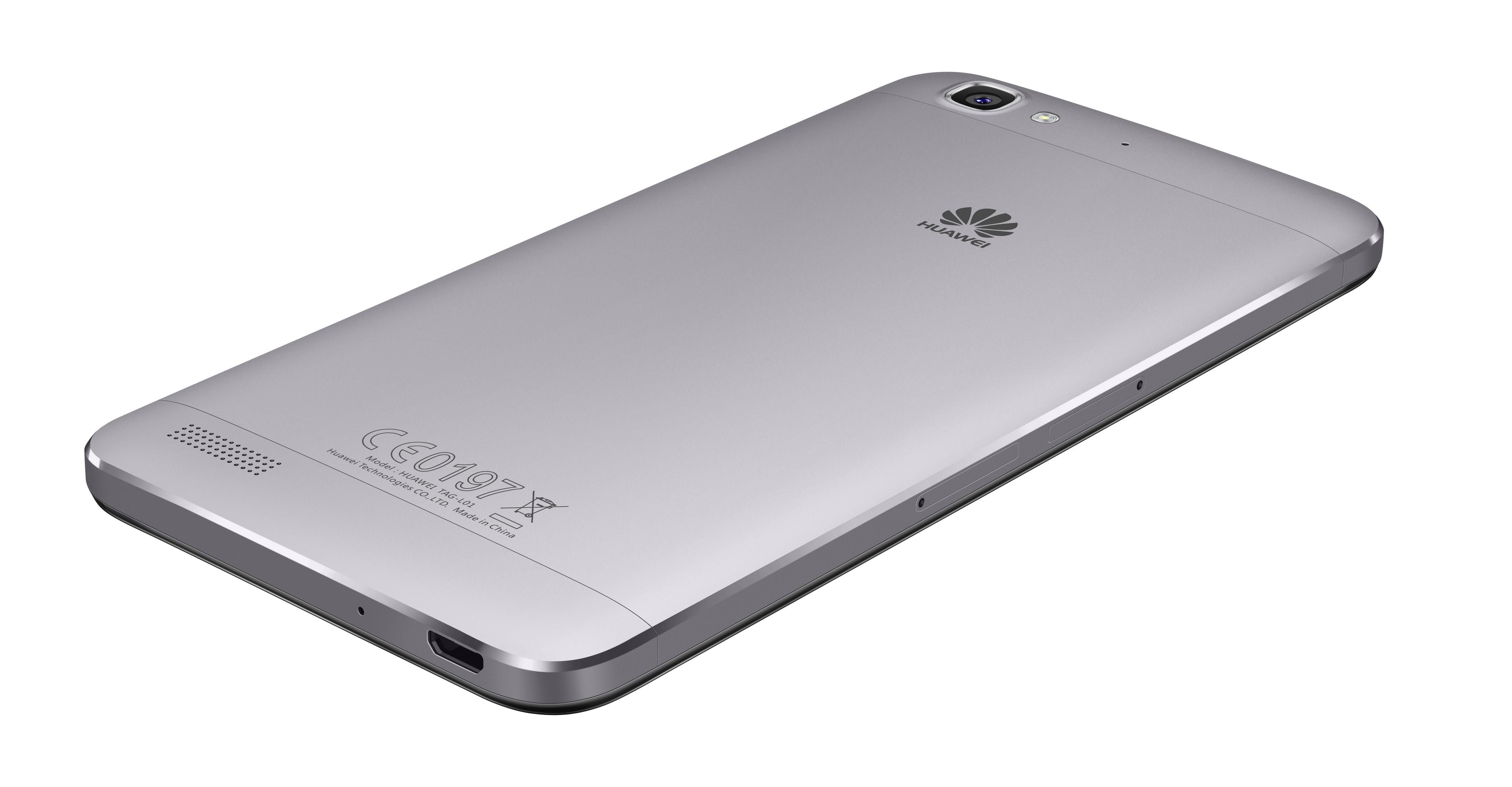 Silbernes Huawei-Smartphone, Rückseite sichtbar, mit Kamera, Logo und etwas Text.