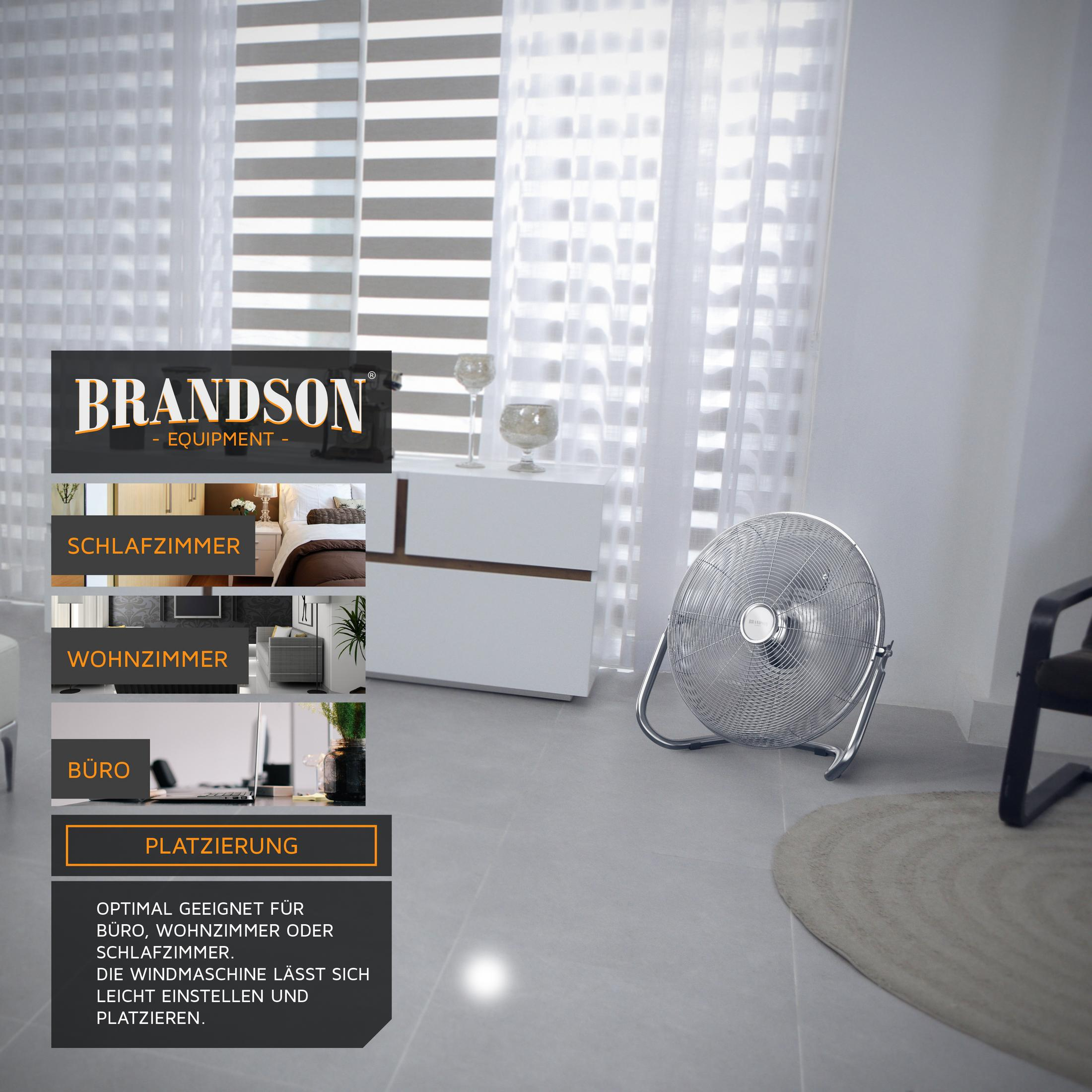 Innenraum mit Brandson-Ventilator, weißen Möbeln und Fenstern mit Jalousien.