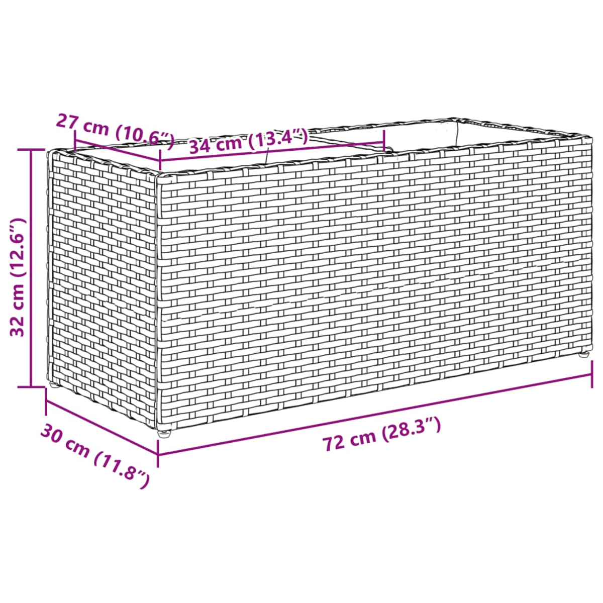 Una fioriera rettangolare tessuta con dimensioni etichettate in centimetri e pollici. Colore marrone.