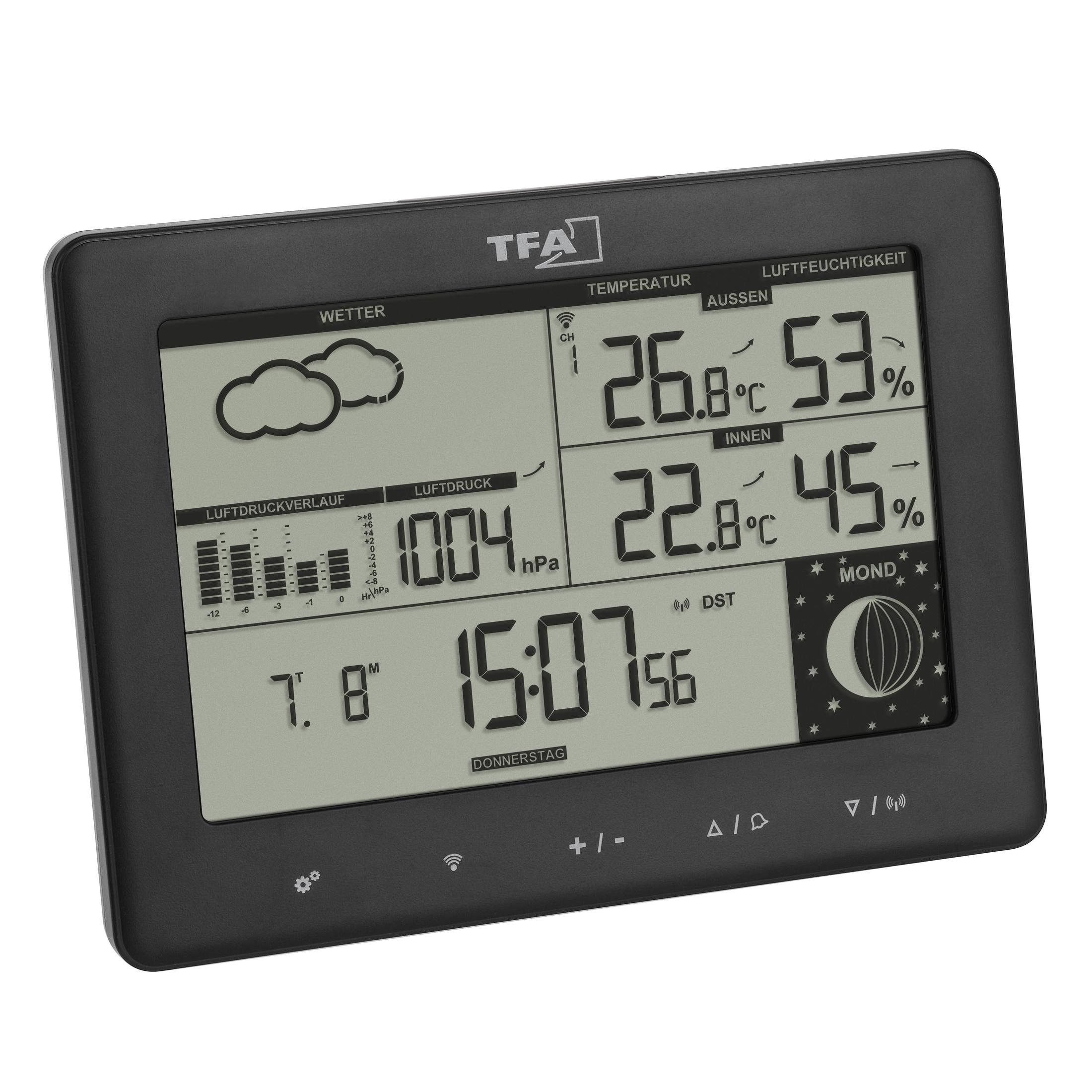 Schwarze Wetterstation mit Wetterinformationen. Temperatur, Luftfeuchtigkeit und Uhrzeit.