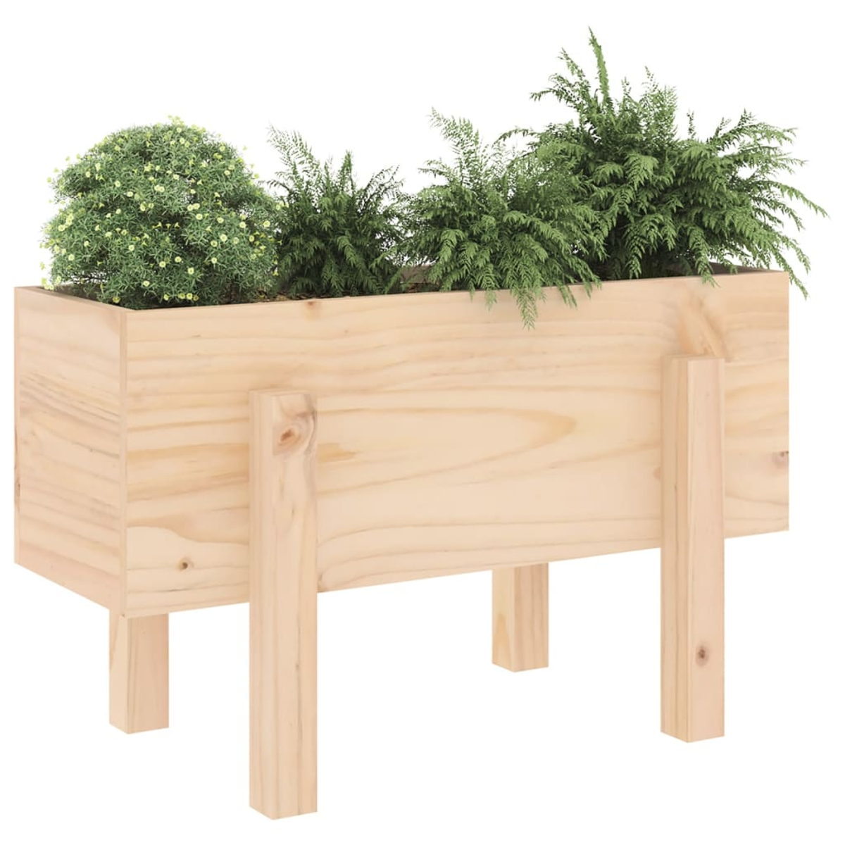 Pflanzkasten aus Holz auf Beinen mit Pflanzen darin. Helle Holzfarbe.