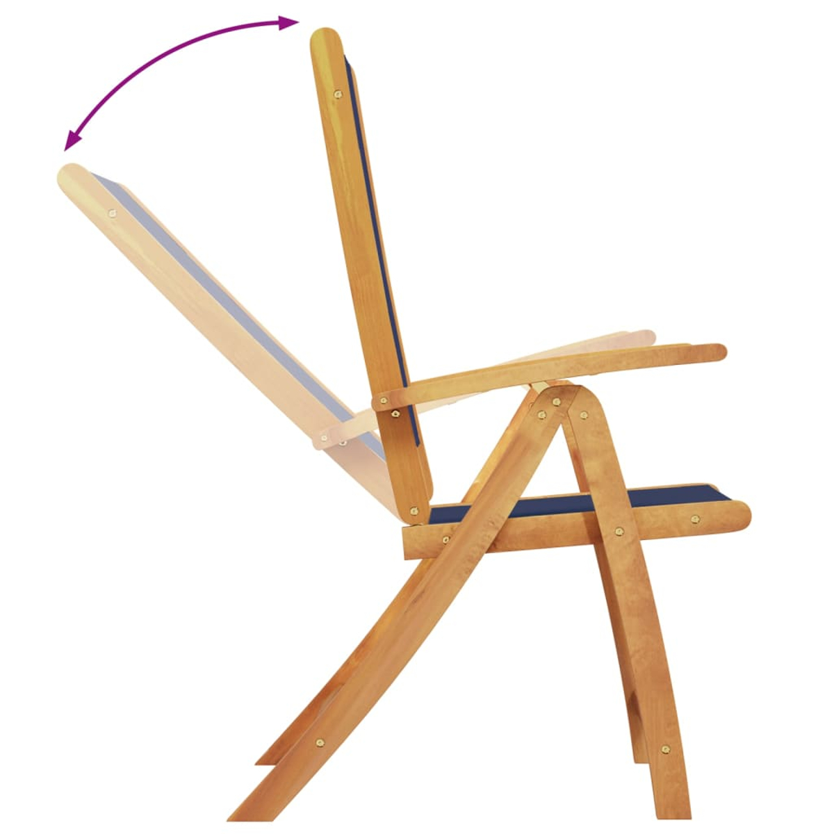 Una sedia di legno in fase di reclinazione, una freccia indica il movimento.