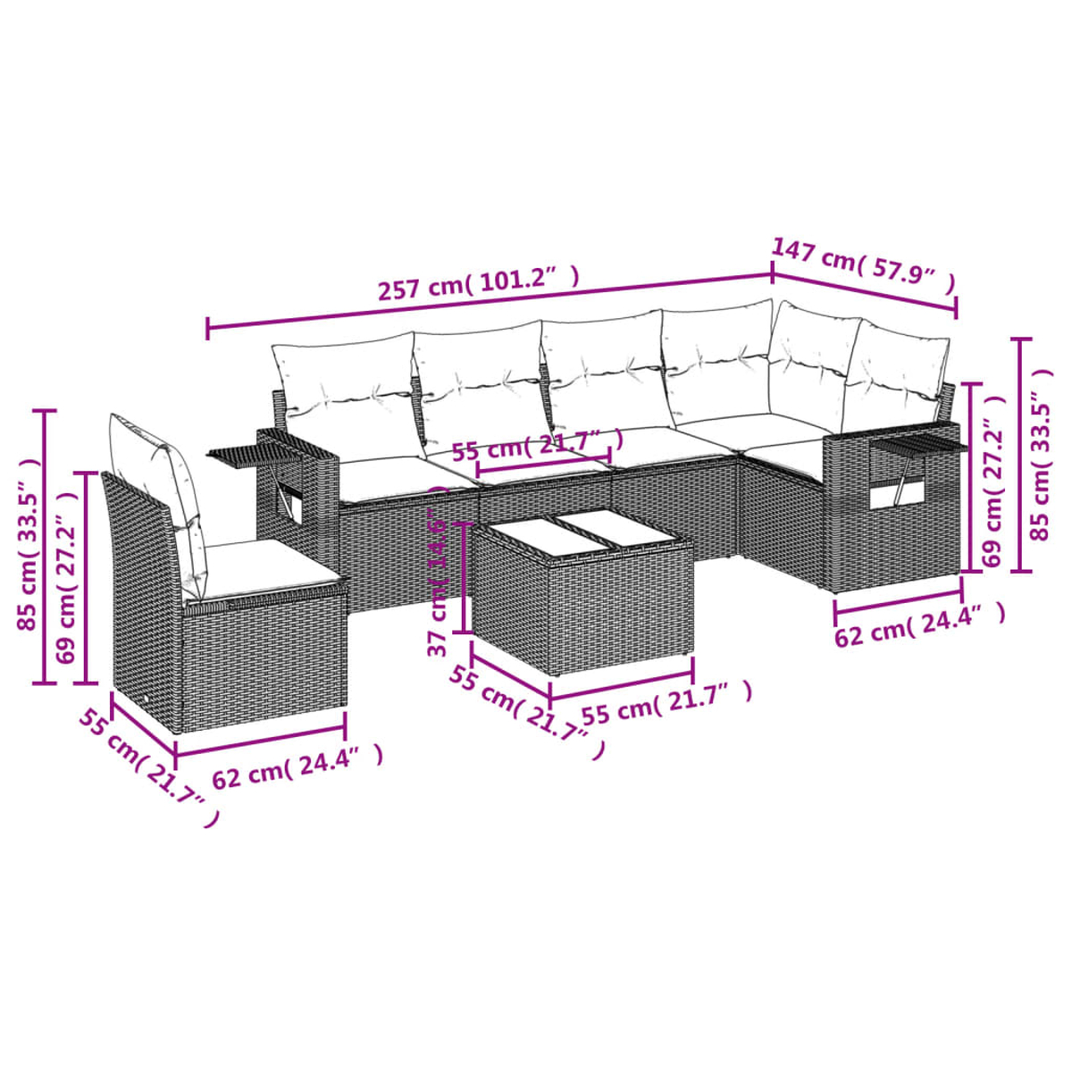 Diagramm eines grauen Korbmöbel-Sets für die Terrasse mit Abmessungen in cm.