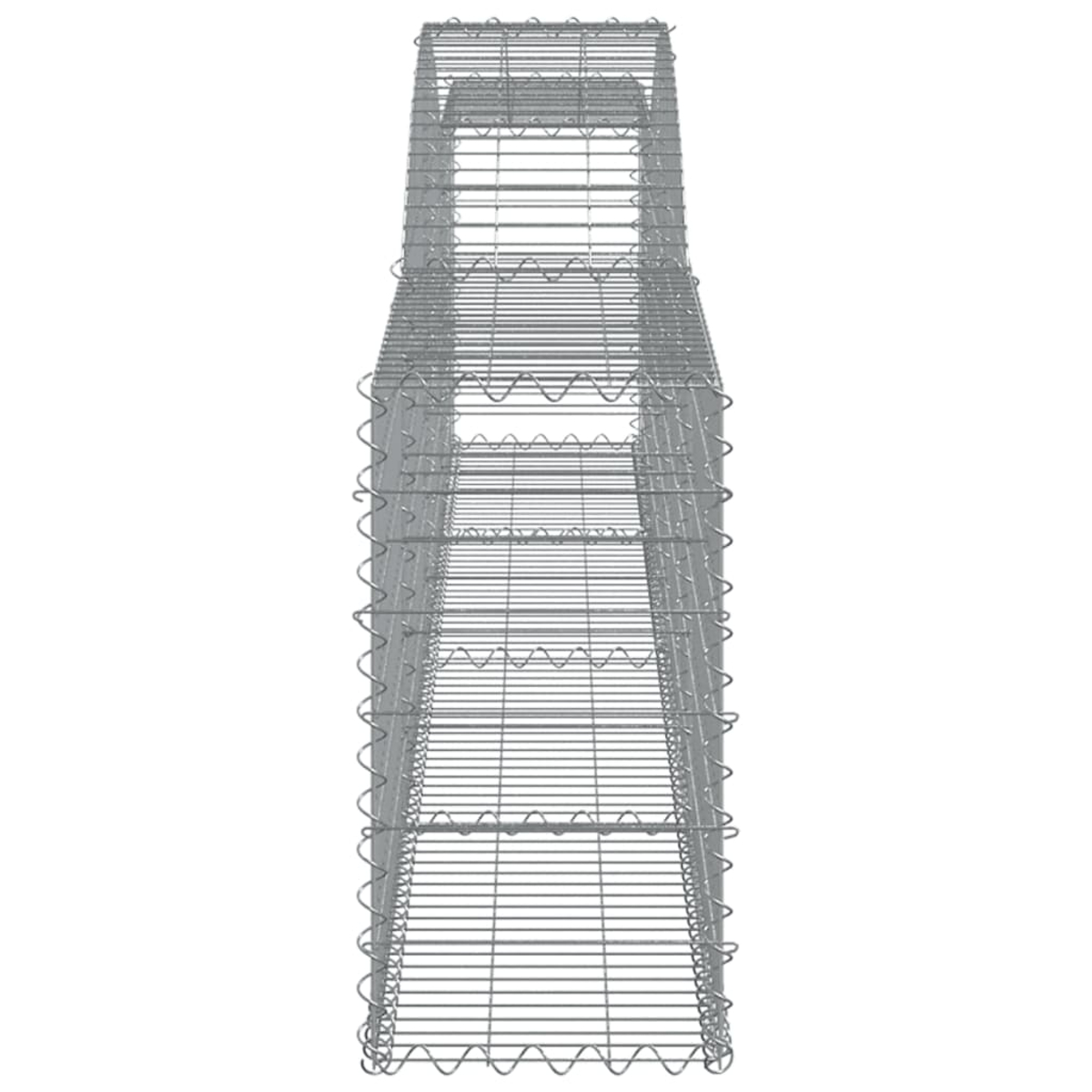 Hoher, schmaler Gabion, eine Drahtgitterstruktur, von oben betrachtet.