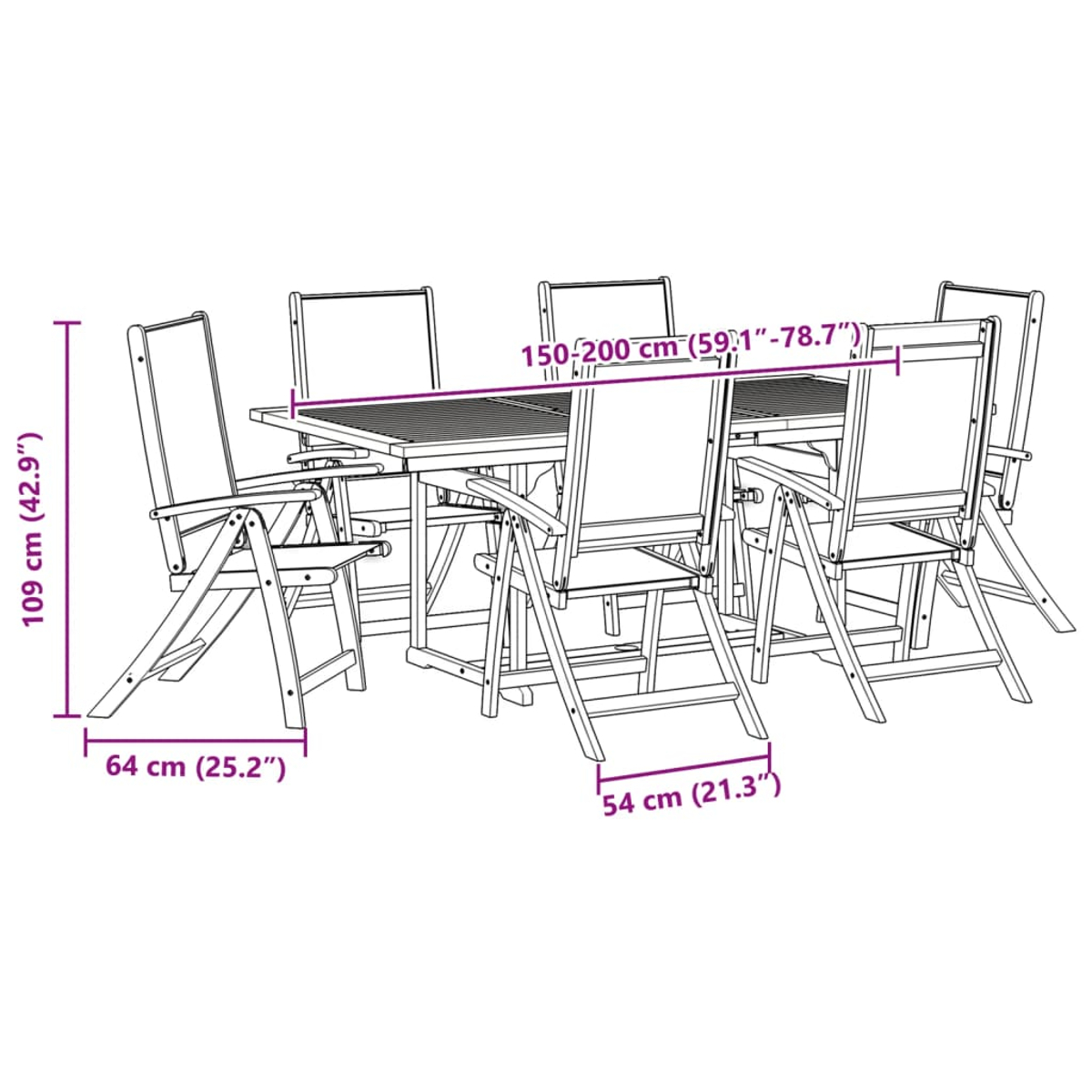 Outdoor-Essgruppe: Tisch, sechs Stühle. Tisch und Stühle sind klappbar. Abmessungen sind angegeben.