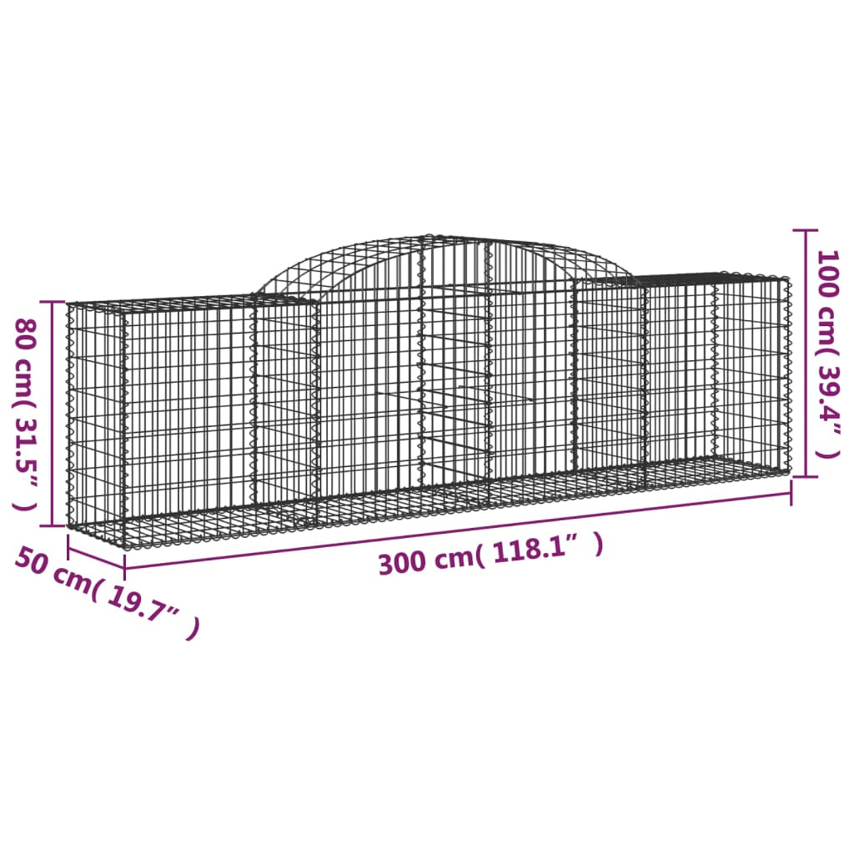 Gabionenwand: Drahtrahmen, rechteckige Form. Abmessungen: 300x50x100cm. Grauer Draht, Konstruktion gezeigt.
